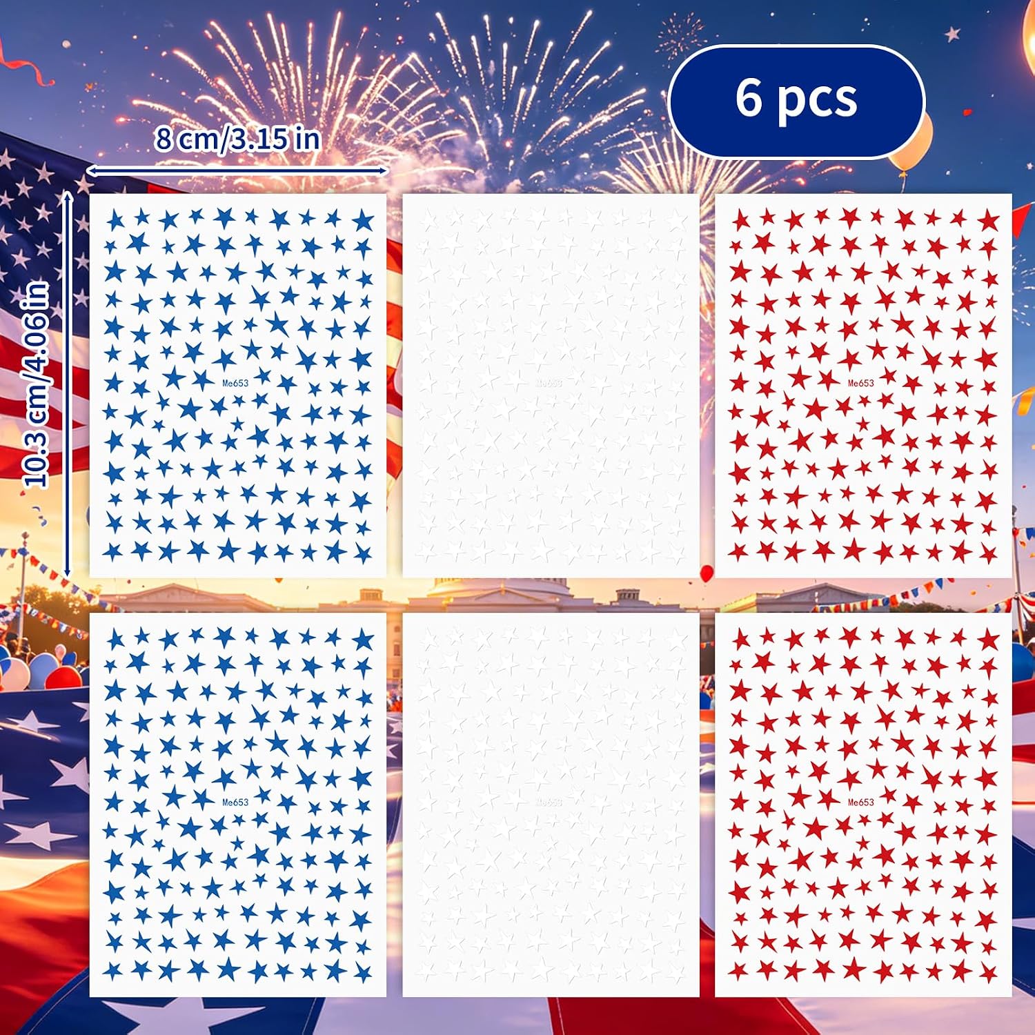 6PCS 4th of July Nail Stickers for Nail Art, 3D Self-Adhesive Star Nail Decals, Red White Blue Patriotic American Flag Designs, Independence Day Memorial Day Acrylic Nails Decoration for Women