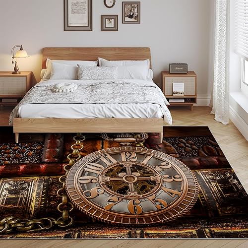 Miniatura 3 de Luxury Elegant Rug - 5x7 Rug, Red 3D Clock Rug for Bedroom, 70s Mid Century Retro Vintage Pocket Watch Area Rugs, Non-Slip Soft Flannel Floor Carpet