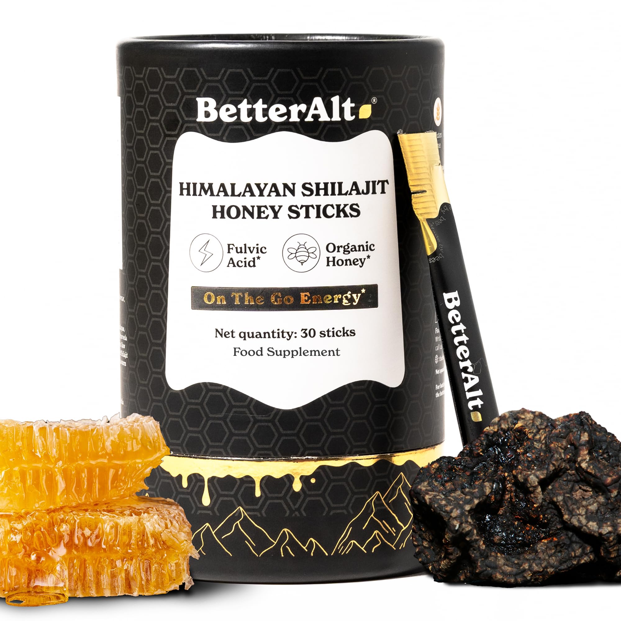 Better Alt Pure Himalayan Shilajit Sticks with Organic Honey, Saffron Easy to Consume Shilajit 30 Sticks for Energy Boost & Immune Support, 85+ Trace Minerals, 75%+ Fulvic Acid