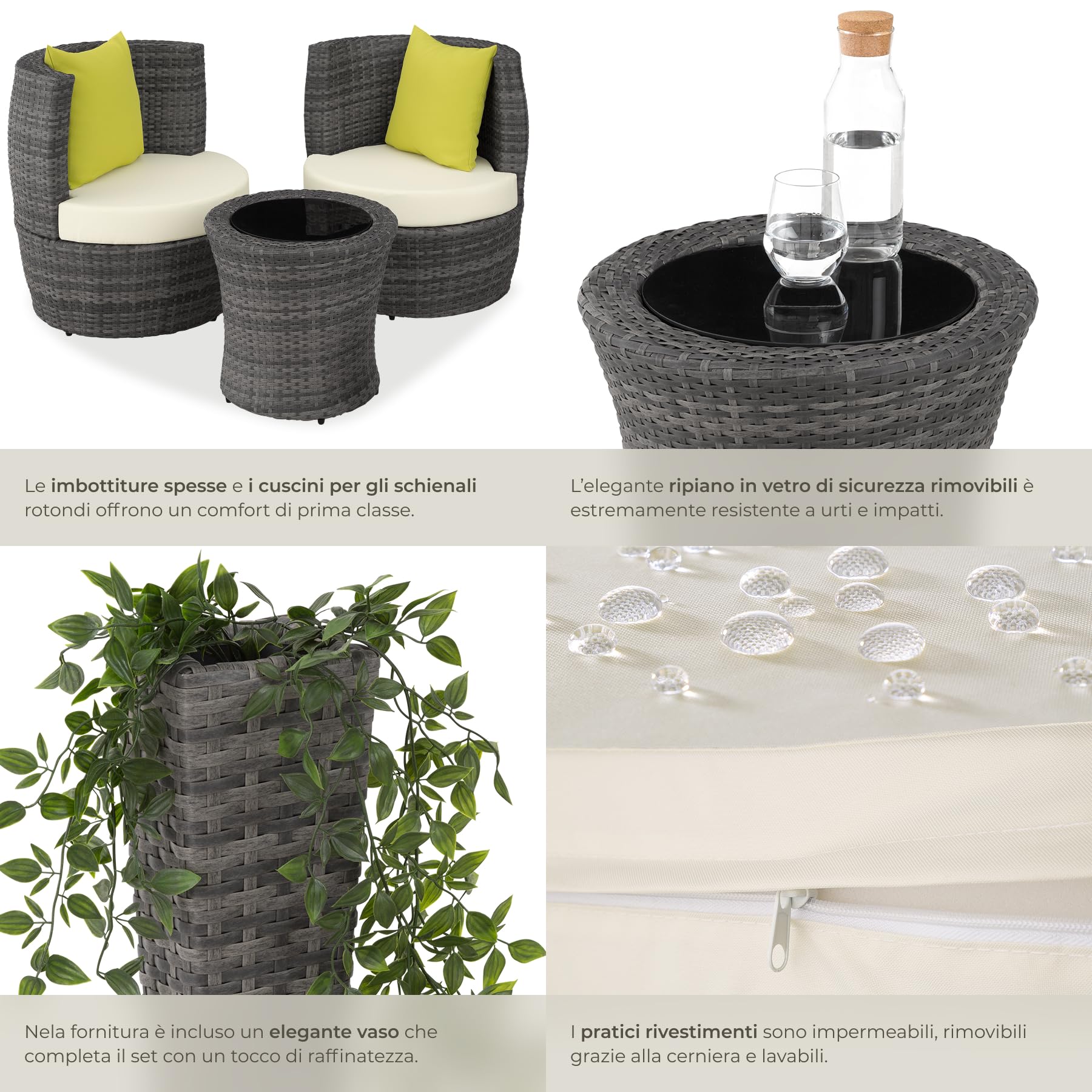 tectake® Set di Mobili da Giardino, Poli Rattan e Alluminio, 2 Sedie, 1 Tavolo, 1 Vaso, Cuscini, Sedia da Esterno, Poltroncina, Set Balcone, Poltrona Giardino, Tavolo con Sedie Esterno - Grigio