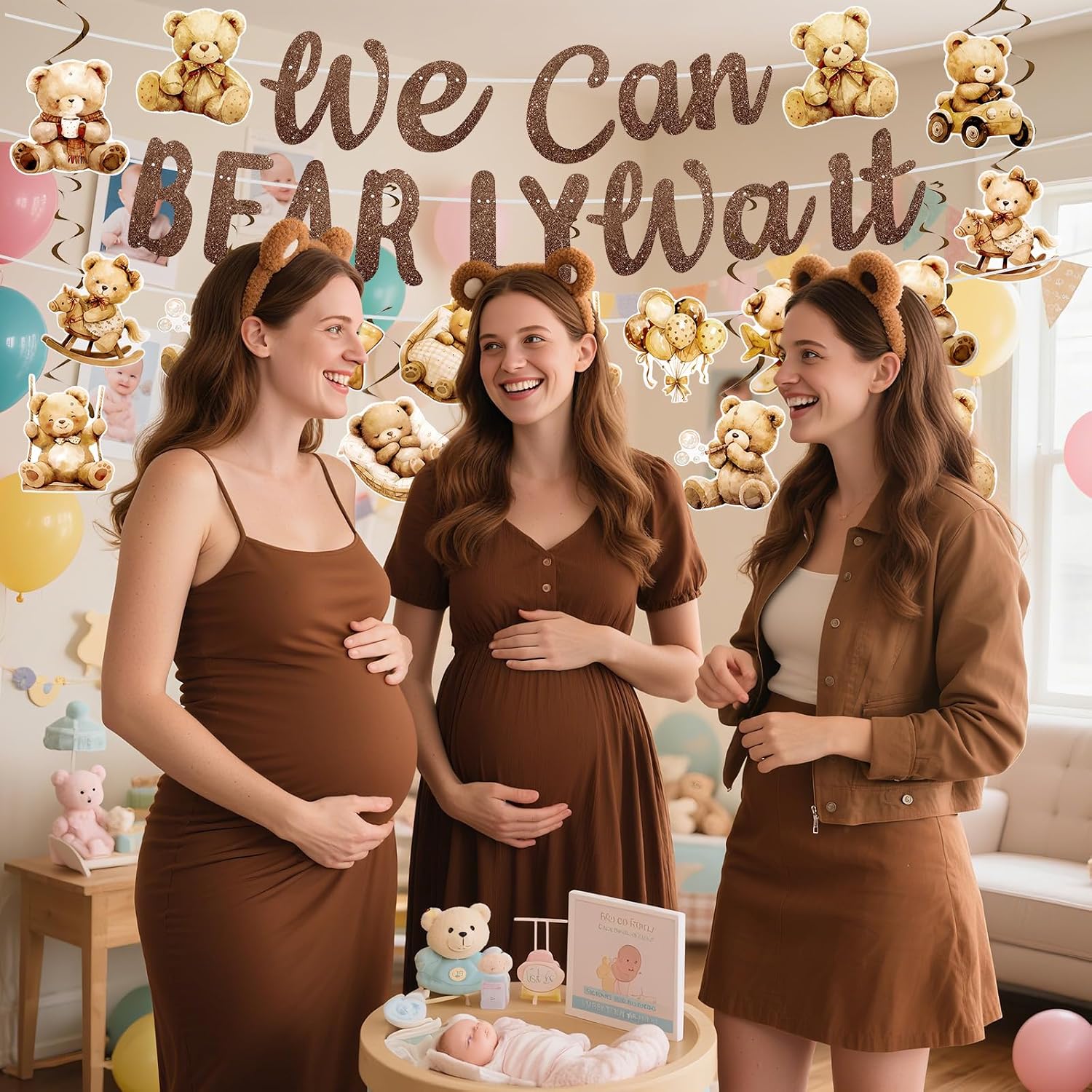 We Can Bearly Wait Baby Shower Decorations, Brown Bear Party Banner Hanging Swirls Garland Ceiling Streamer Decorations for Boy Girl Baby Shower Gender Reveal Party Supplies