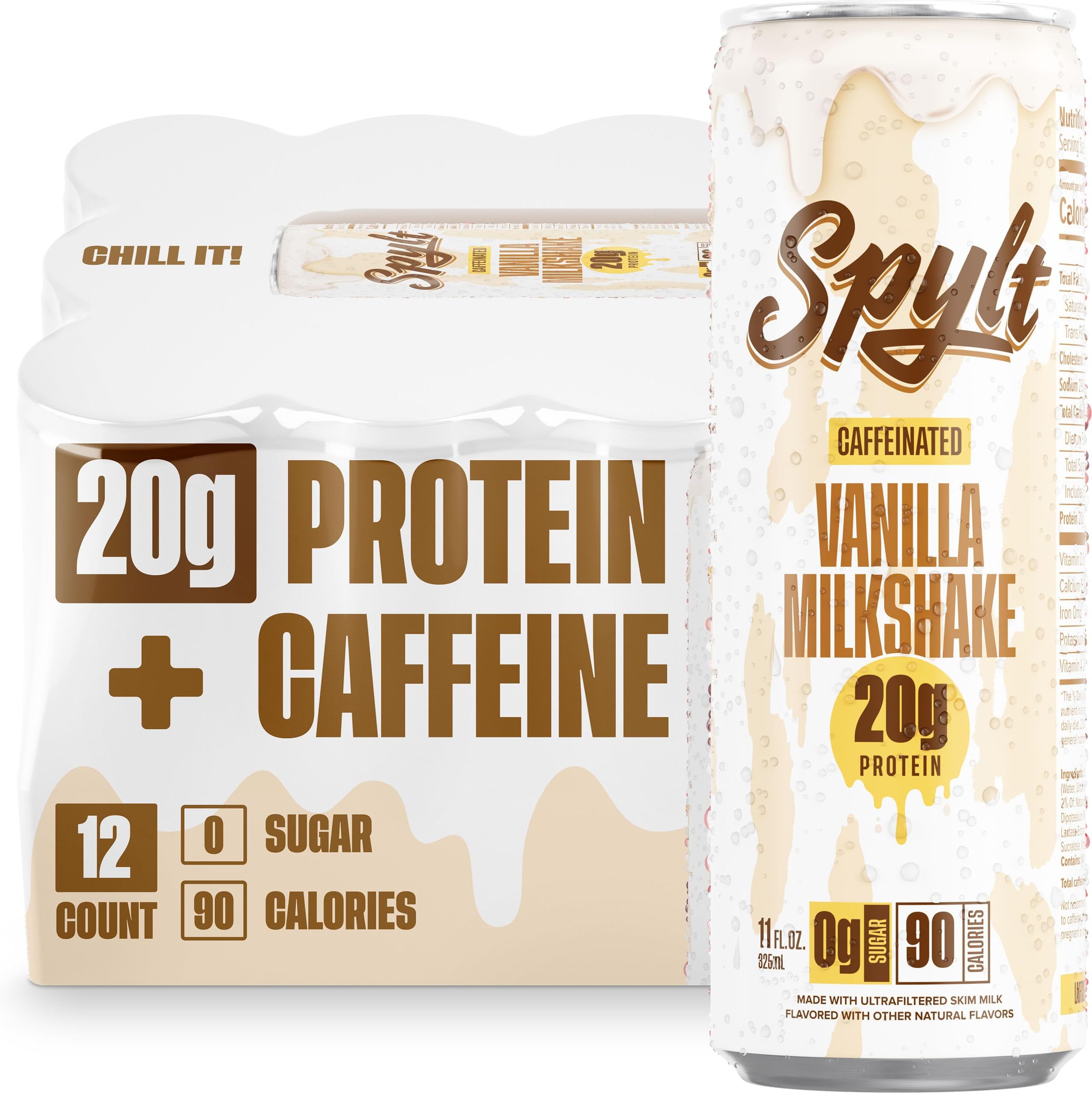 High Protein Vanilla Milkshake with 60mg Caffeine & 20g Protein - 90 Calories, Ready to Drink, Sugar Free, Lactose Free Milk, Perfect for Workout Recovery & Afternoon Pick Me Up - 12 Count