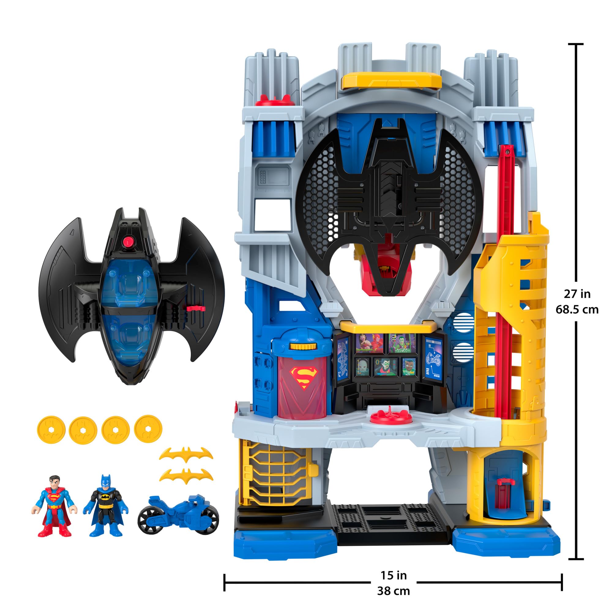 Imaginext DC Super Friends - Super Quartier Generale, playset con luci e suoni alto 60 cm, con personaggi Batman e Superman, Batmoto e tanti accessori inclusi, giocattolo per bambini, 3+ anni, HNW08
