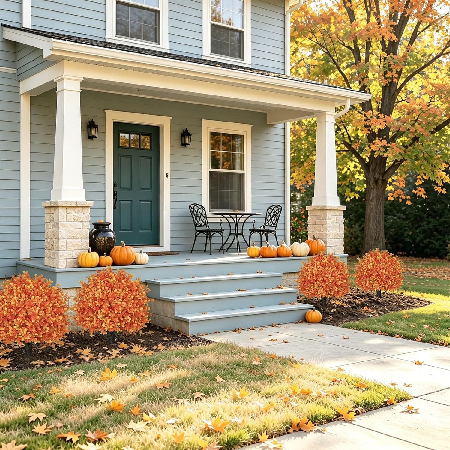 24" Artificial Outdoor Fall Plants, Boxwood Topiary Bushes Shrubs Set of 2