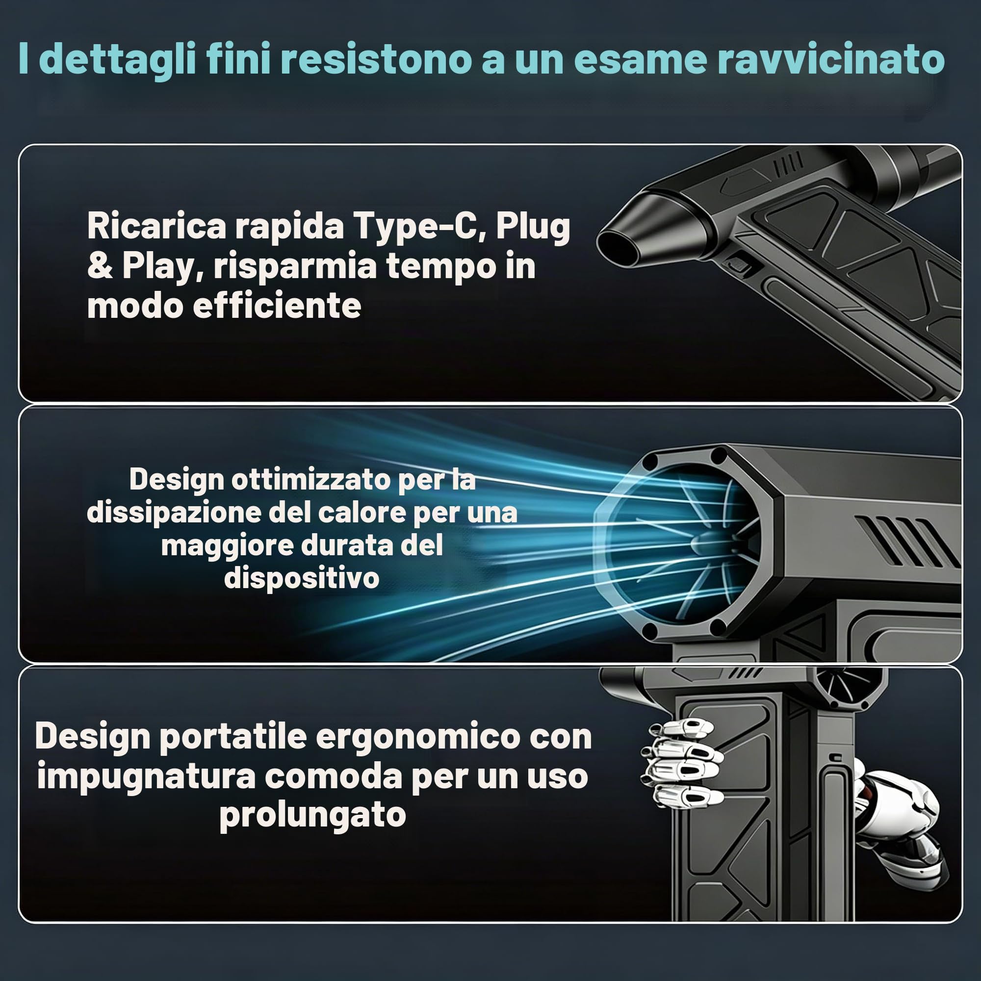 Ventola turbo, 360° ad alta velocità, ventola ad aria compressa senza fili a 4 velocità, motore brushless da 160 W, per pulizia PC, aspirapolvere auto, barbecue