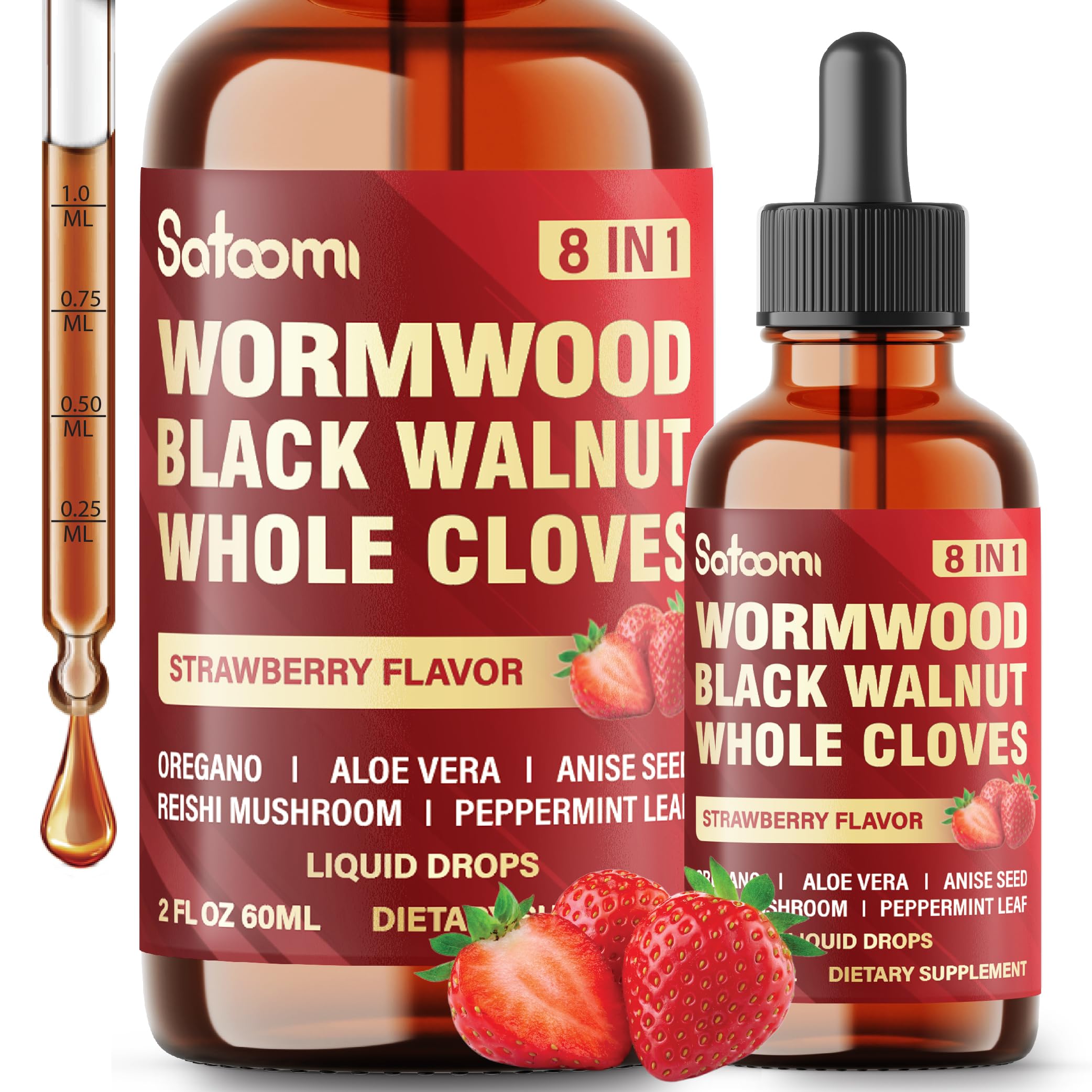 Satoomi 8in1 Wormwood Liquid Drops with Black Walnut, Whole Cloves and 5 More - 60ml for 60 Days Supply Strawberry Flavor