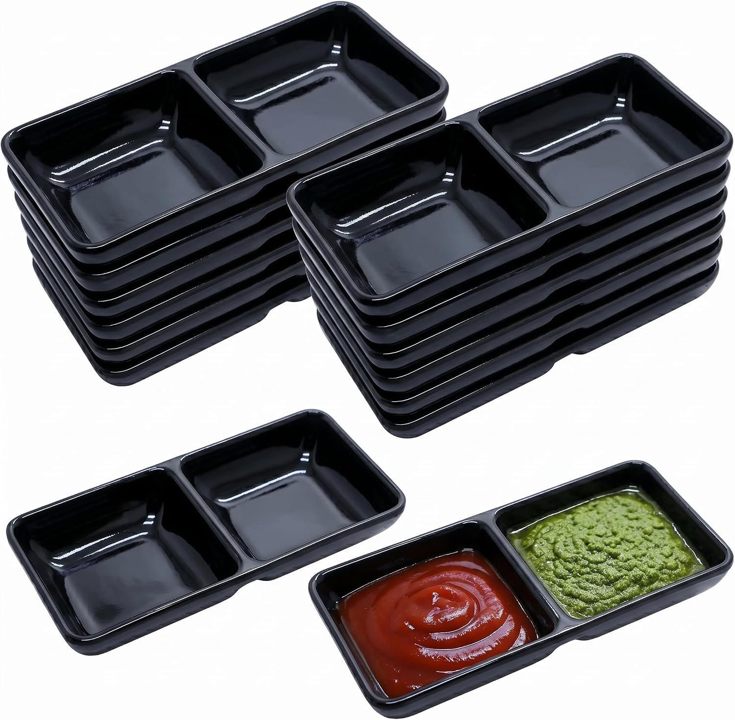 12 Pcs Black Dual Dipping Bowls, Melamine Sauce Dishes with 2 Compartments, 5.8" Divided Condiment Plates for Soy Sauce, Ketchup, BBQ, Restaurant and Kitchen Use