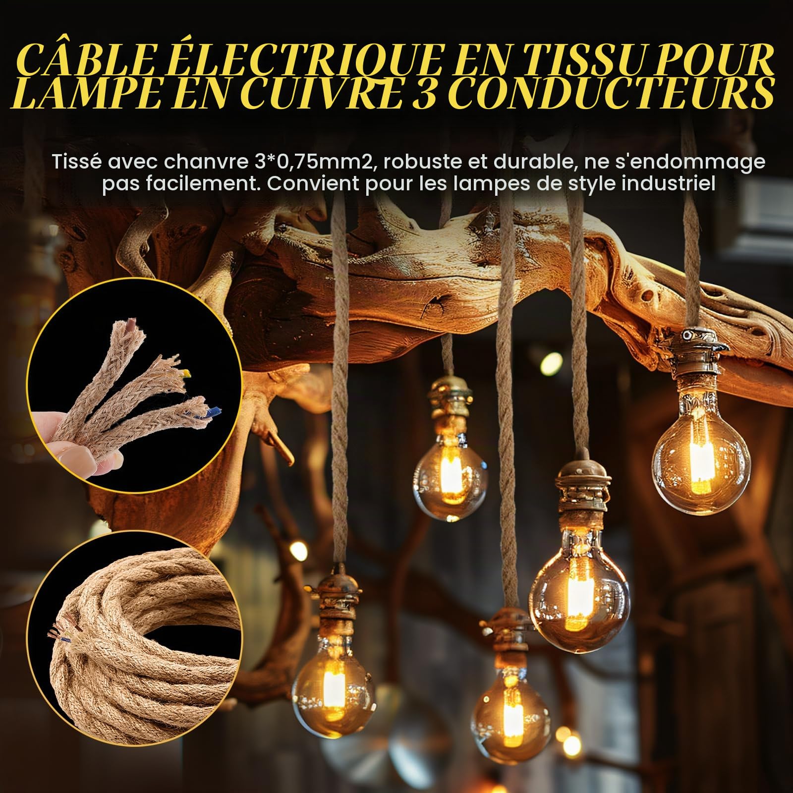 Corde Electrique 3 Noyaux,20 M Fil électrique Tissu Cable Electrique Corde 3 x 0,75mm²Rétro Corde de chanvre tressé torsadée Câble pour Accessoires de Lampe à Suspendre