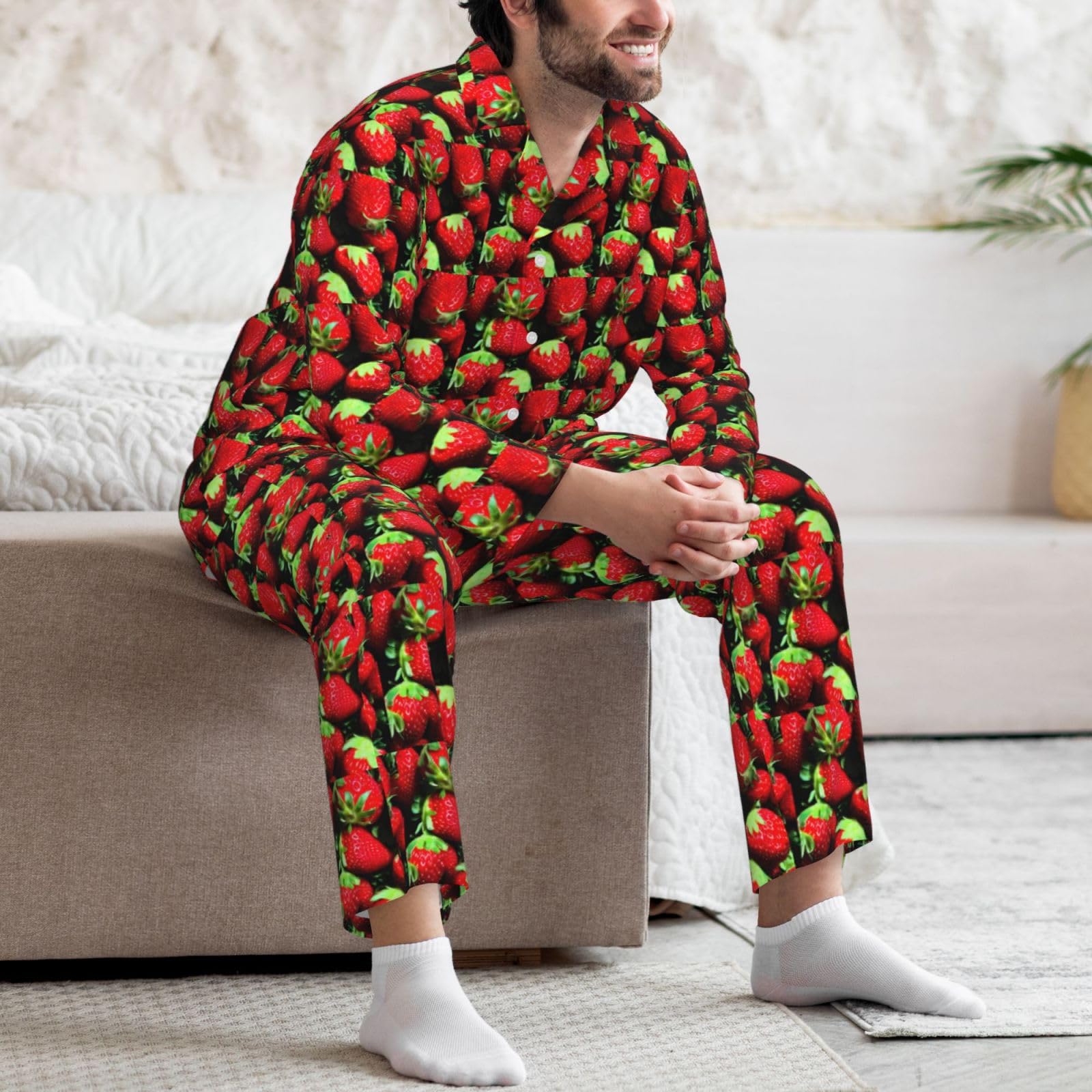 Conjunto de pijama de manga larga para hombre con estampado de fresas, transpirable, acogedor, ropa de dormir para el hogar
