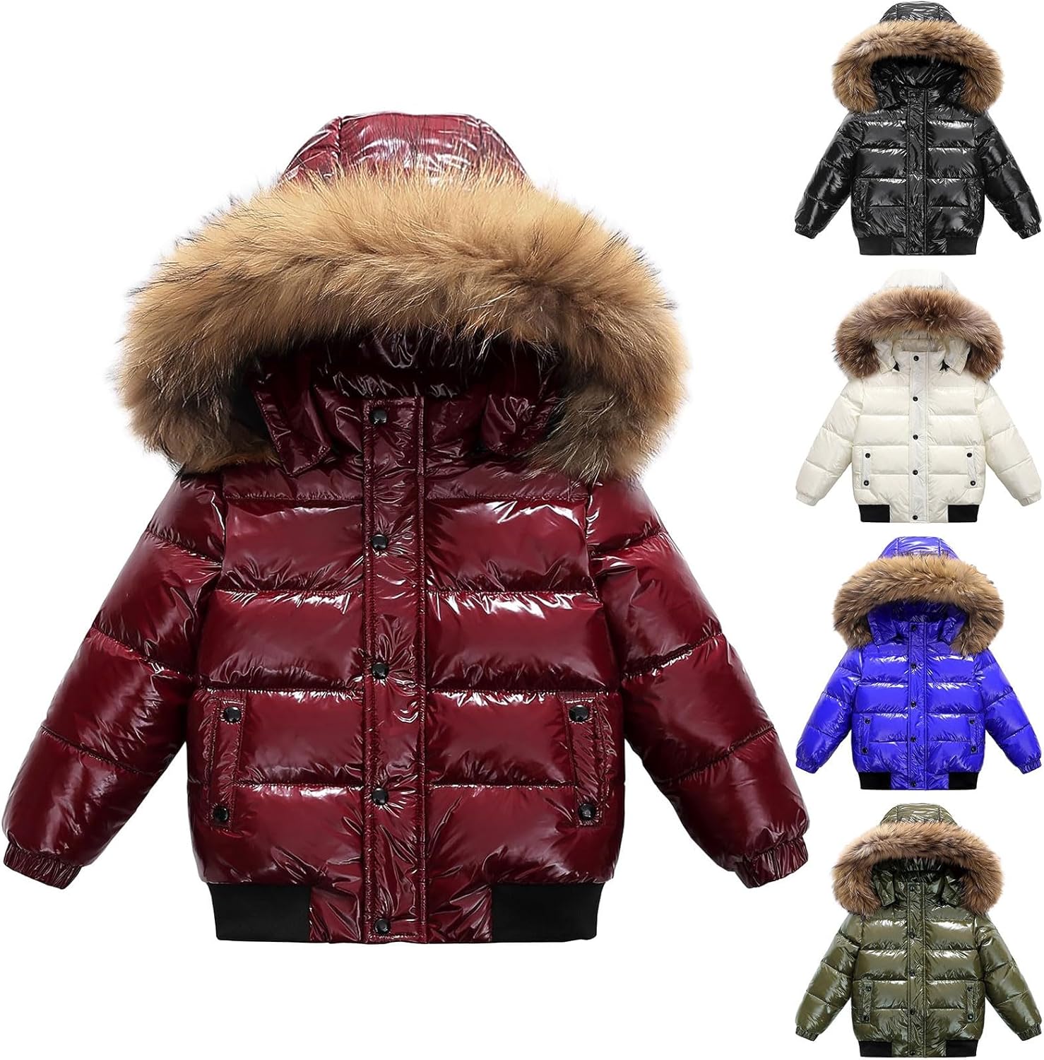 Kids Puffer Jacket Metallic Shiny Lightweight Waterproof Quilted Down Coats with Detachable Hood Boys Girls Winter Outerwear