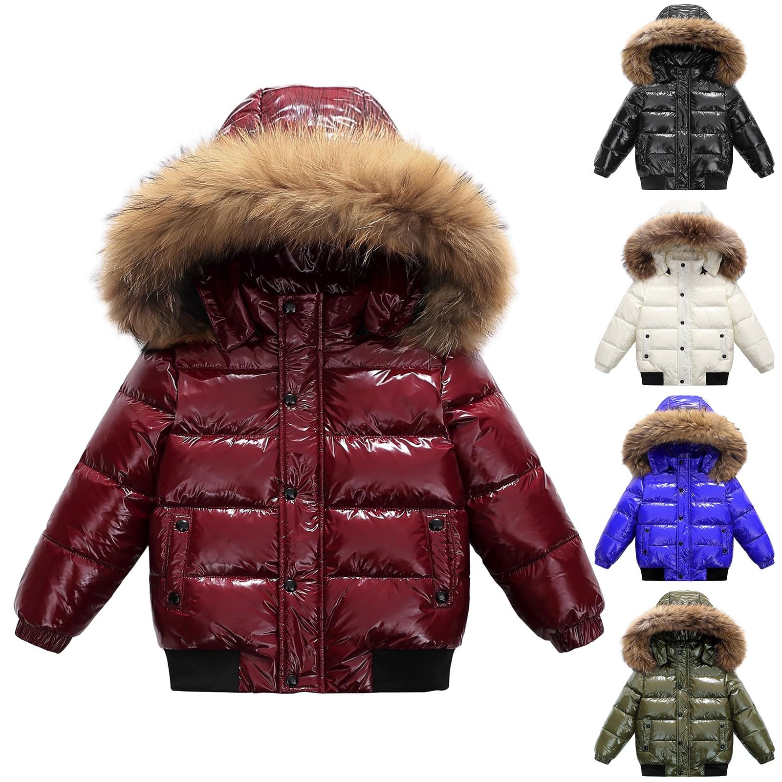 Daunenjacke Mädchen Jungen Winter Kurz Glänzend Steppjacke Wintermantel mit Abtrennbare Fellkapuze Kinder Casual Mode Daunenmantel Outdoor Winddicht Leichtgewichtige Winterjacke Übergangsjack