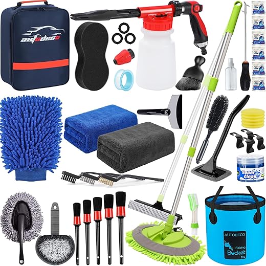 AUTODECO 42Pcs Car Wash Detailing Kit Cleaning Set with Foam Gun Sprayer, Long-Handle Brush, Collapsible Bucket, Large Wash Mitt, Towels, Complete Interior & Exterior Car Washing Supply Set (Blue)