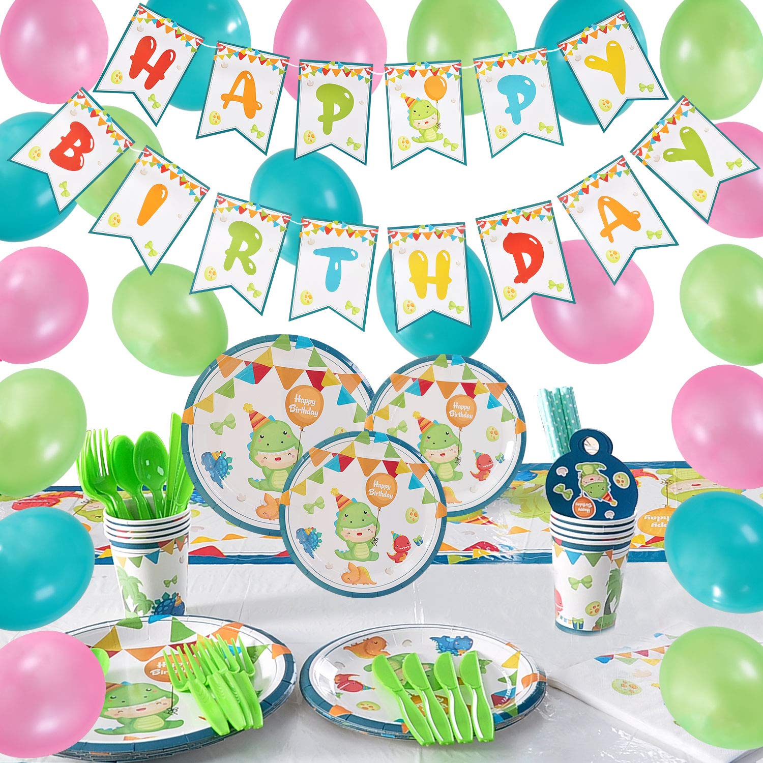 IDAODAN Birthday Decorations,Dinosaur Happy Birthday Banner,Foil Tablecloth,Napkins, Cups,Cutlery Kit,Dinosaur Birthday Party Supplies for Kids