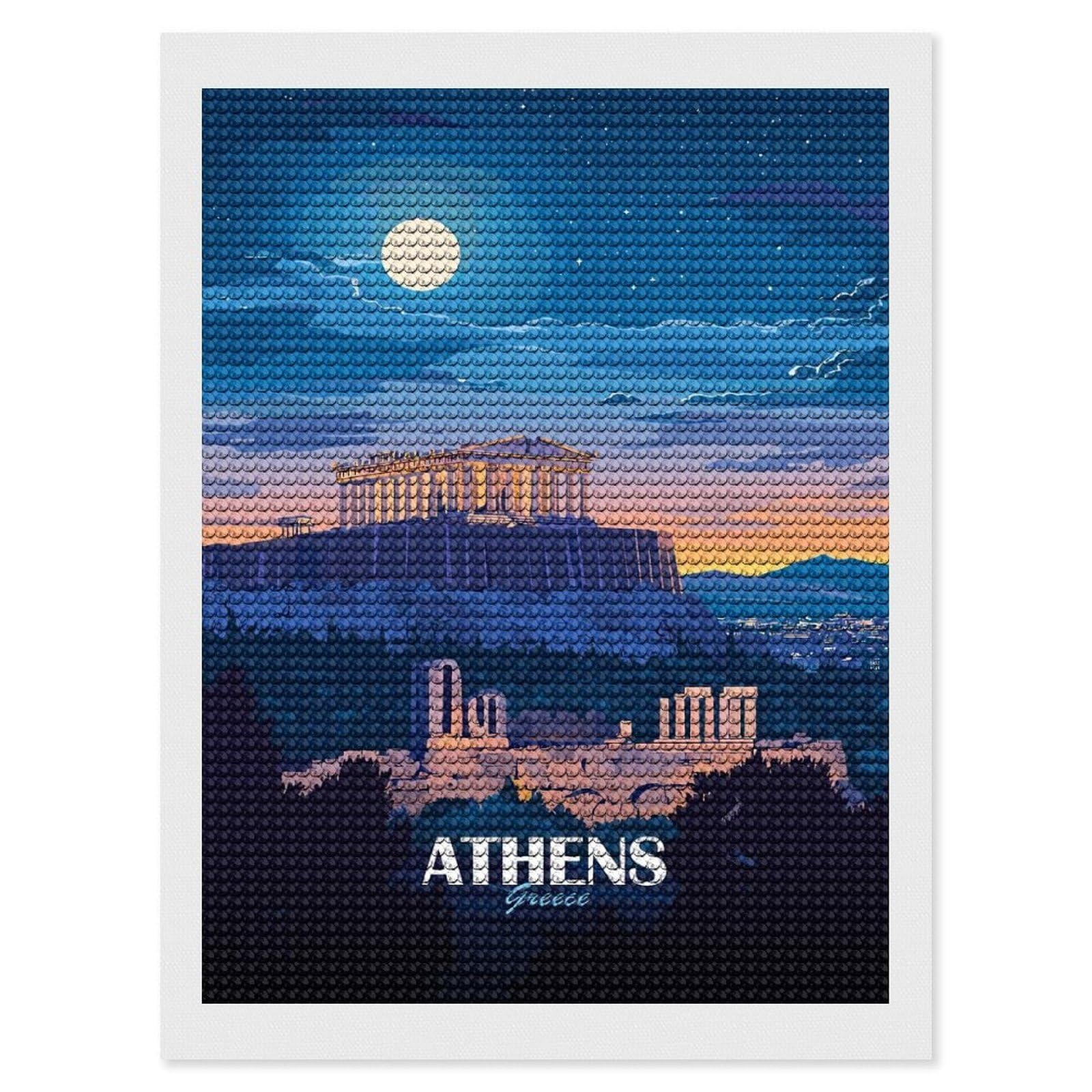 Junmoney Athens Greece Travel (6) Diamond Art Kit 12"x16", Relaxing DIY Hobby, Satisfying Creative Project, Living Room Decor, for Women