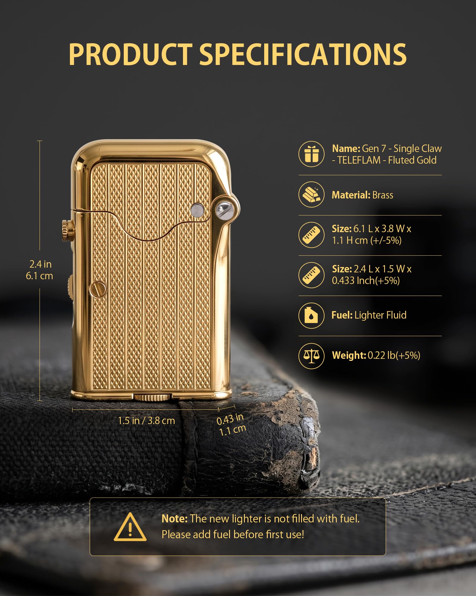 THORENS Gen 7 - Single Claw - TELEFLAM - Fluted Gold Mechero de Queroseno | Latón, llama suave automática, brazo telescópico para cazoleta de pipa, bloqueo seguro, caja regalo, regalo hombre