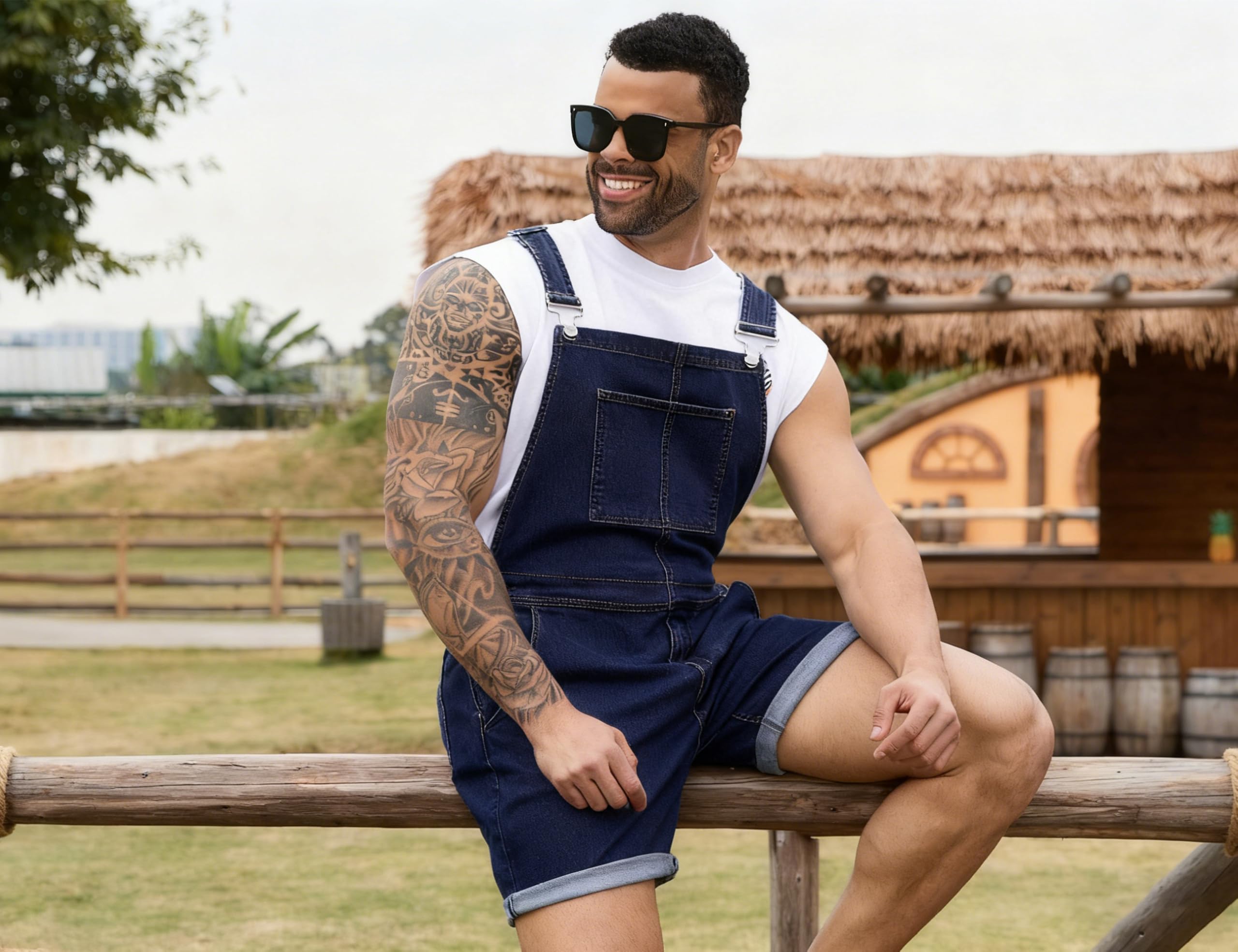 Bindefon Overol de mezclilla para hombre, pantalones cortos, overol de trabajo con cremallera