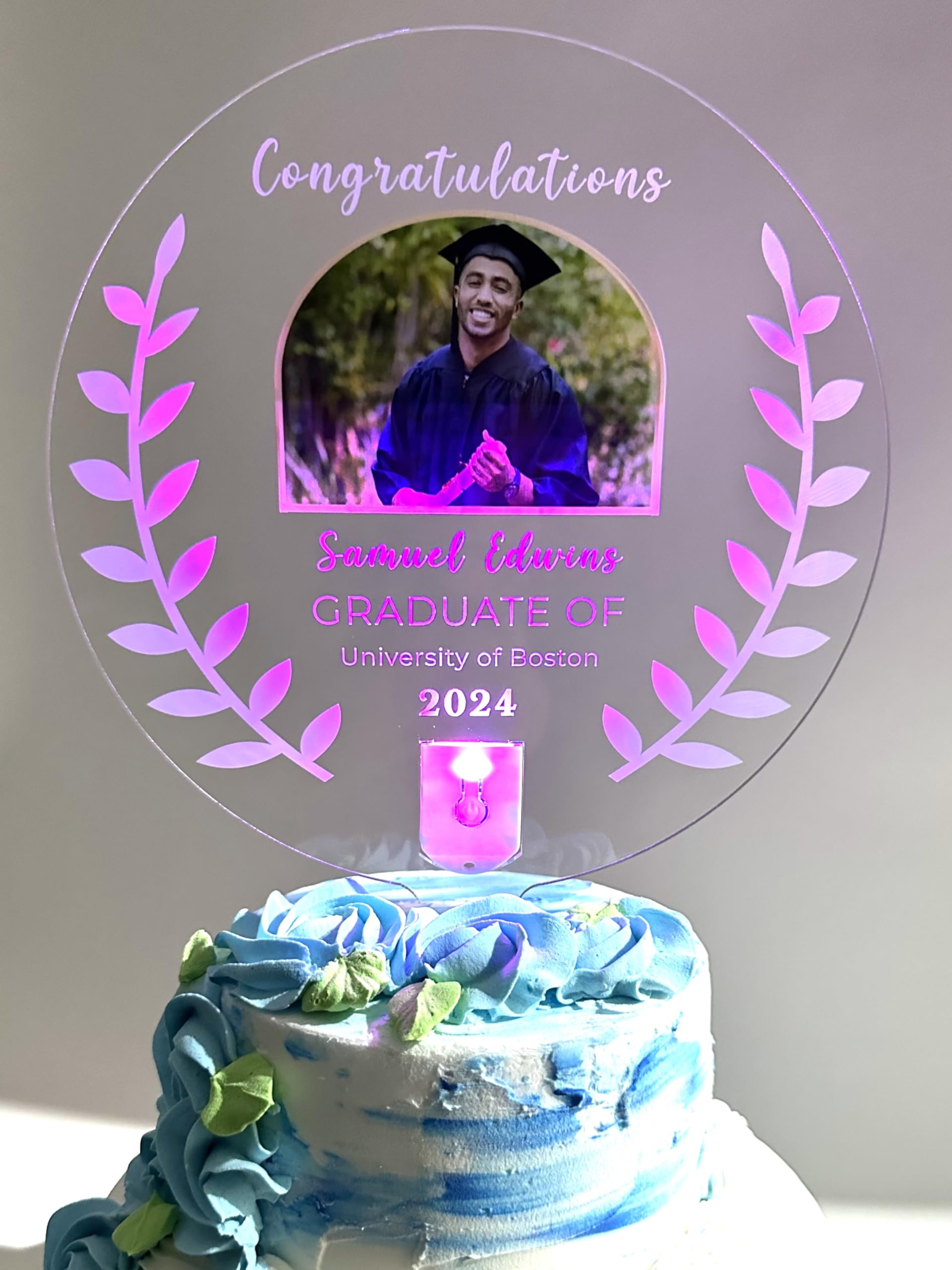 Light Up Personalized Custom Party Decor Cake Top Topper - Any Photo Picture Logo Text - Graduation Class Of (-) Graduate Cake Topper