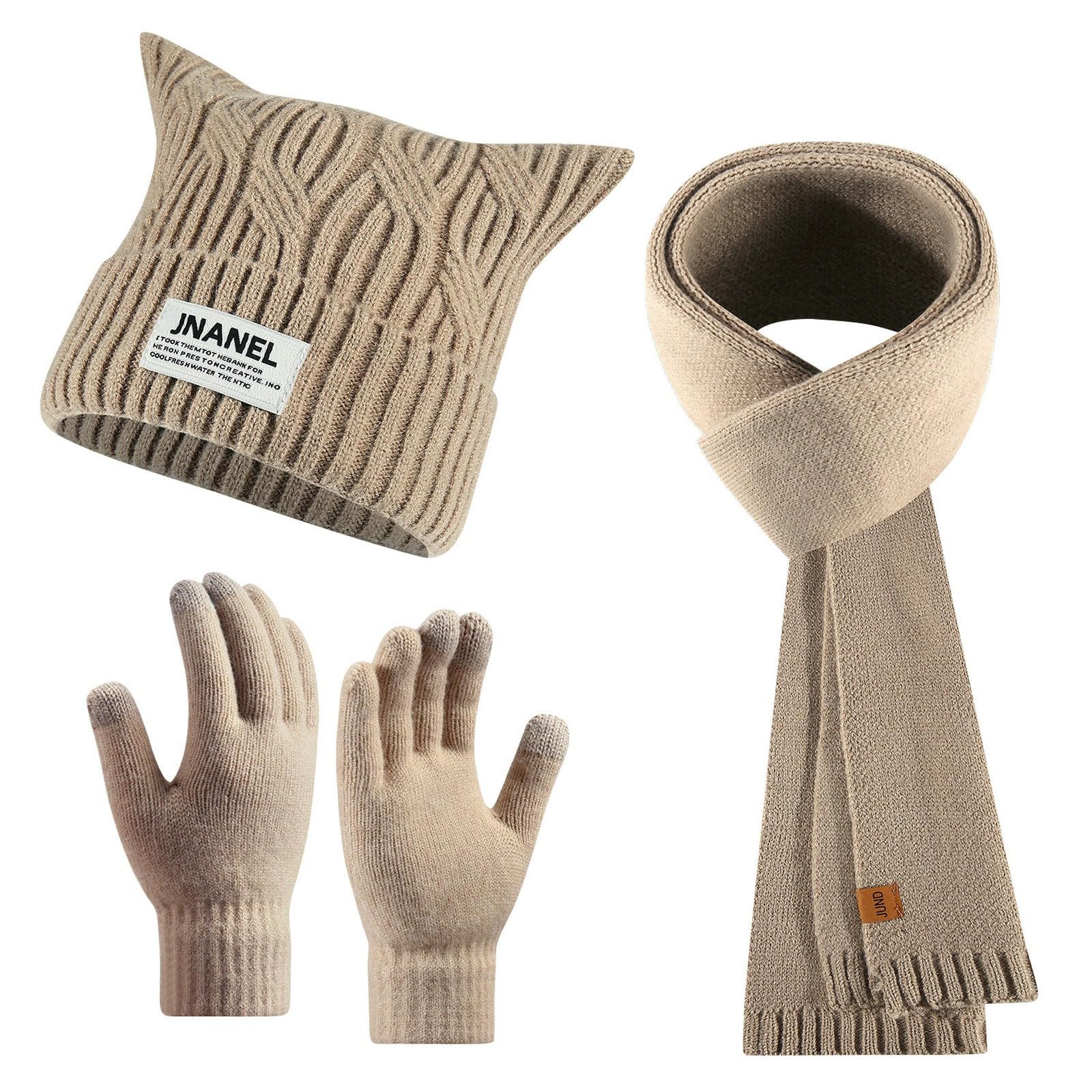 Conjunto de lana de punto fino de tres piezas con gorro de orejas de gato y guantes caqui