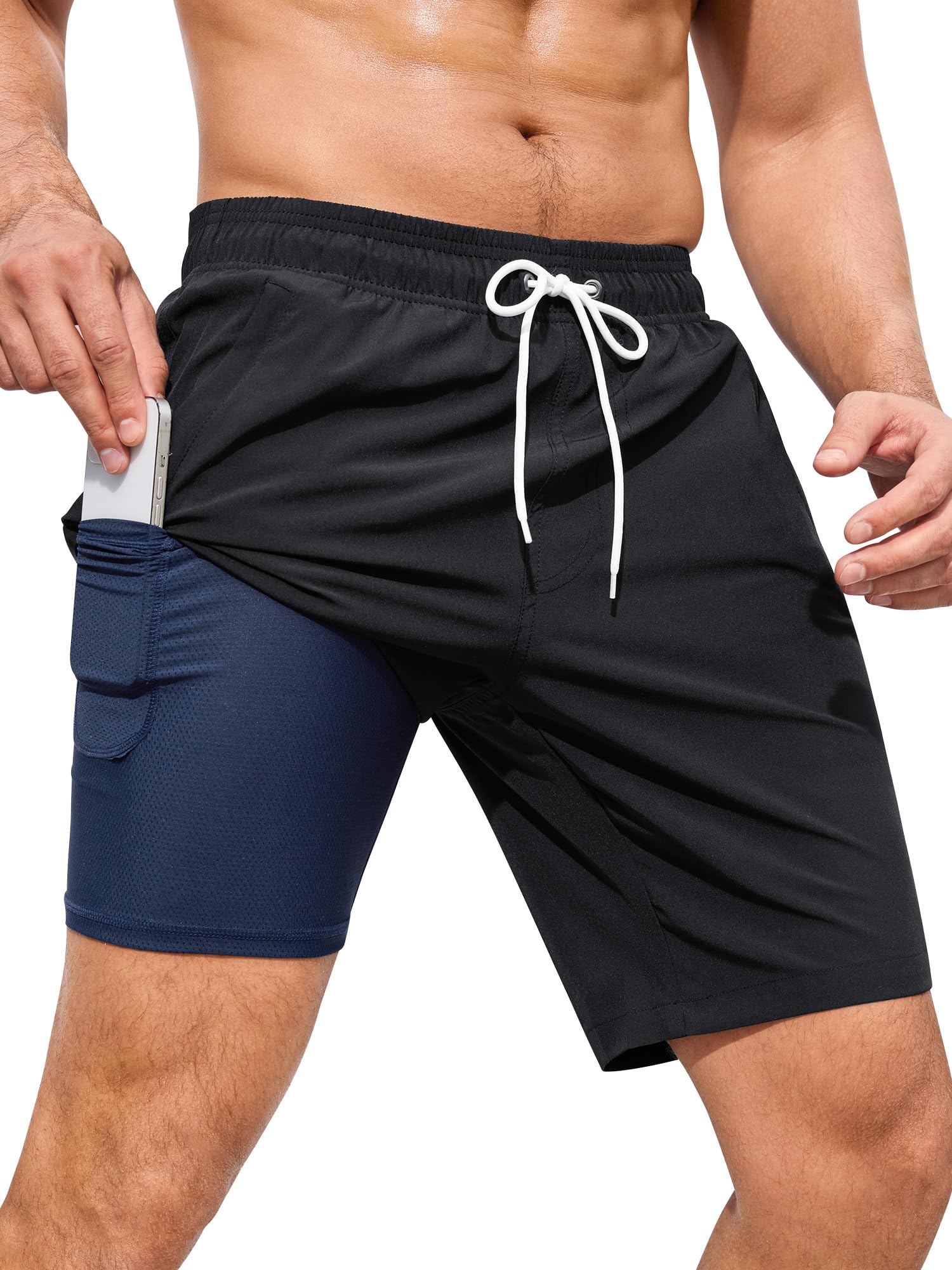 SILKWORLD Herren-Badehose mit Kompressionsfutter, schnell trocknend, 22,9 cm, für Sommer, Strand, Badeshorts mit Reißverschlusstaschen