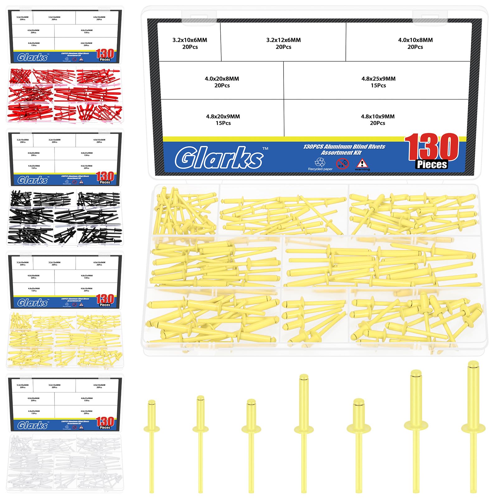 Glarks 130pcs 7 Sizes Yellow Aluminum Blind Rivets, Aluminum Grip Steel Mandrel Pop Rivet, Pop Rivets Assortment Kit, Large Flange Rivets for Metal, Furniture, Automotive
