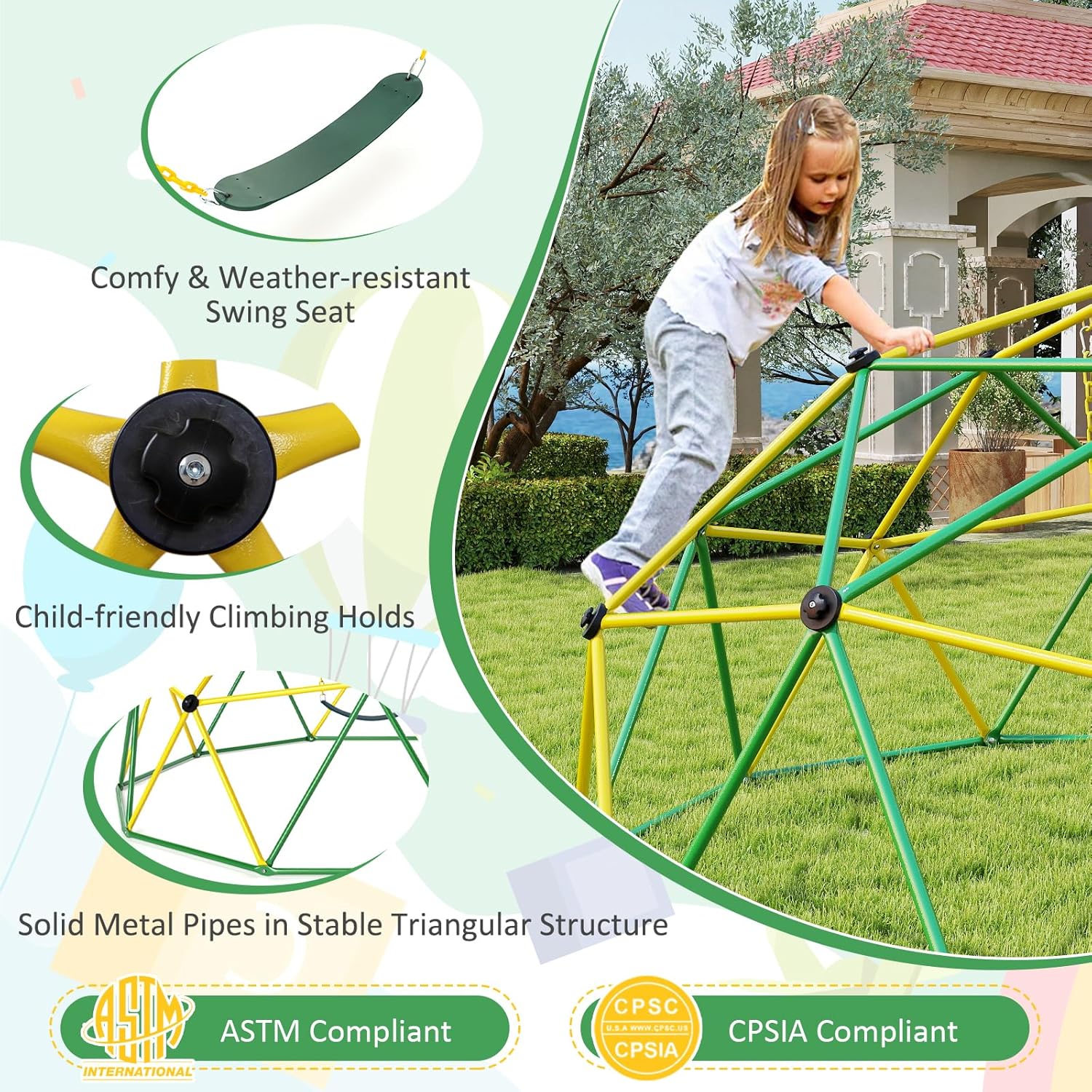 HONEY JOY 10FT Climbing Dome with Swing, Upgrade Jungle Gym Monkey Bar for Backyard, Outdoor Climbing Toys for Toddlers Playground Equipment, Supports 800 LBS, Geometric Dome Climber for Kids, Green