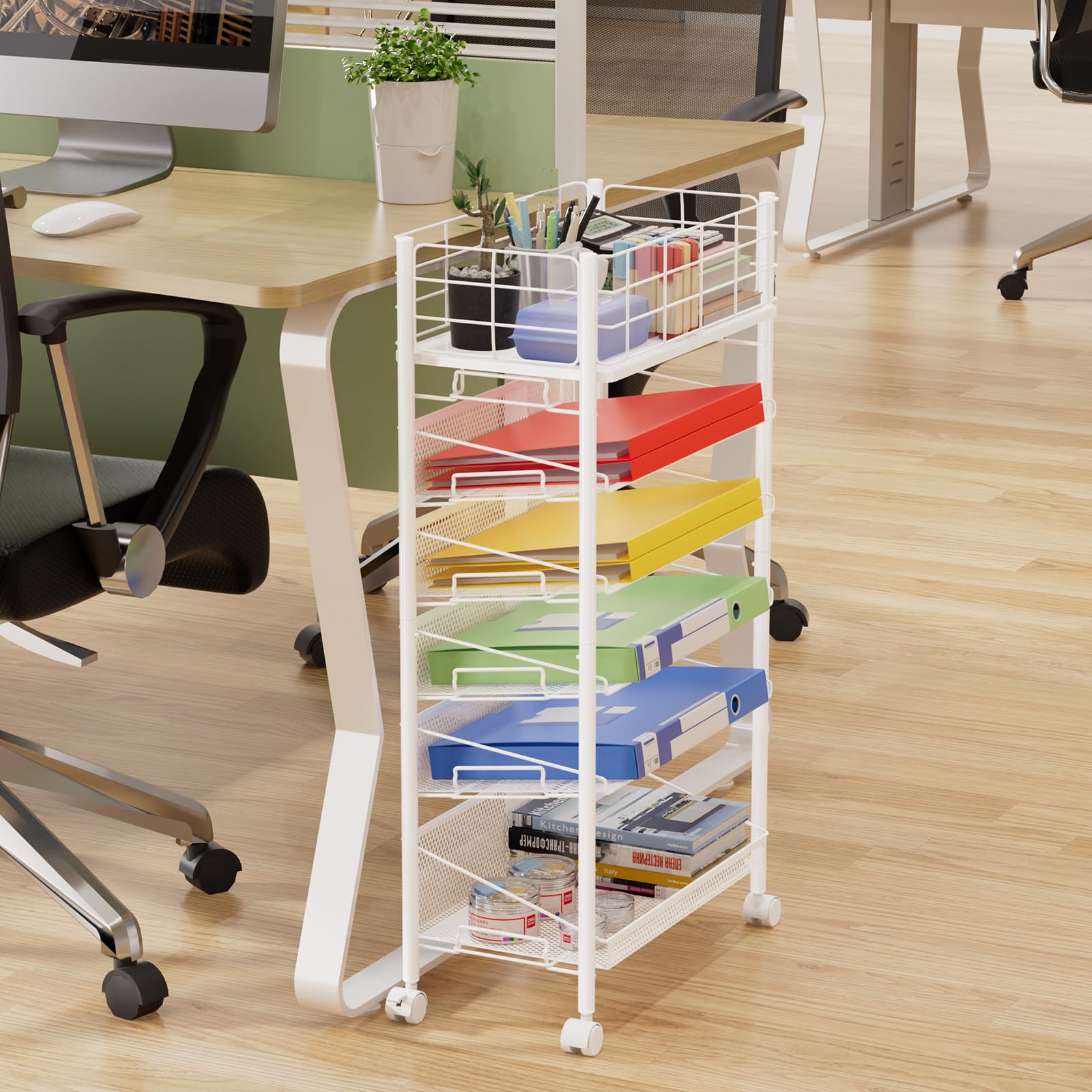 Carrello Portadocumenti Ufficio 6 Ripiani con Ruote Mobile Salvaspazio Multifunzionale Acciaio Porta Schedario Cucina Storage Rack (Bianco)