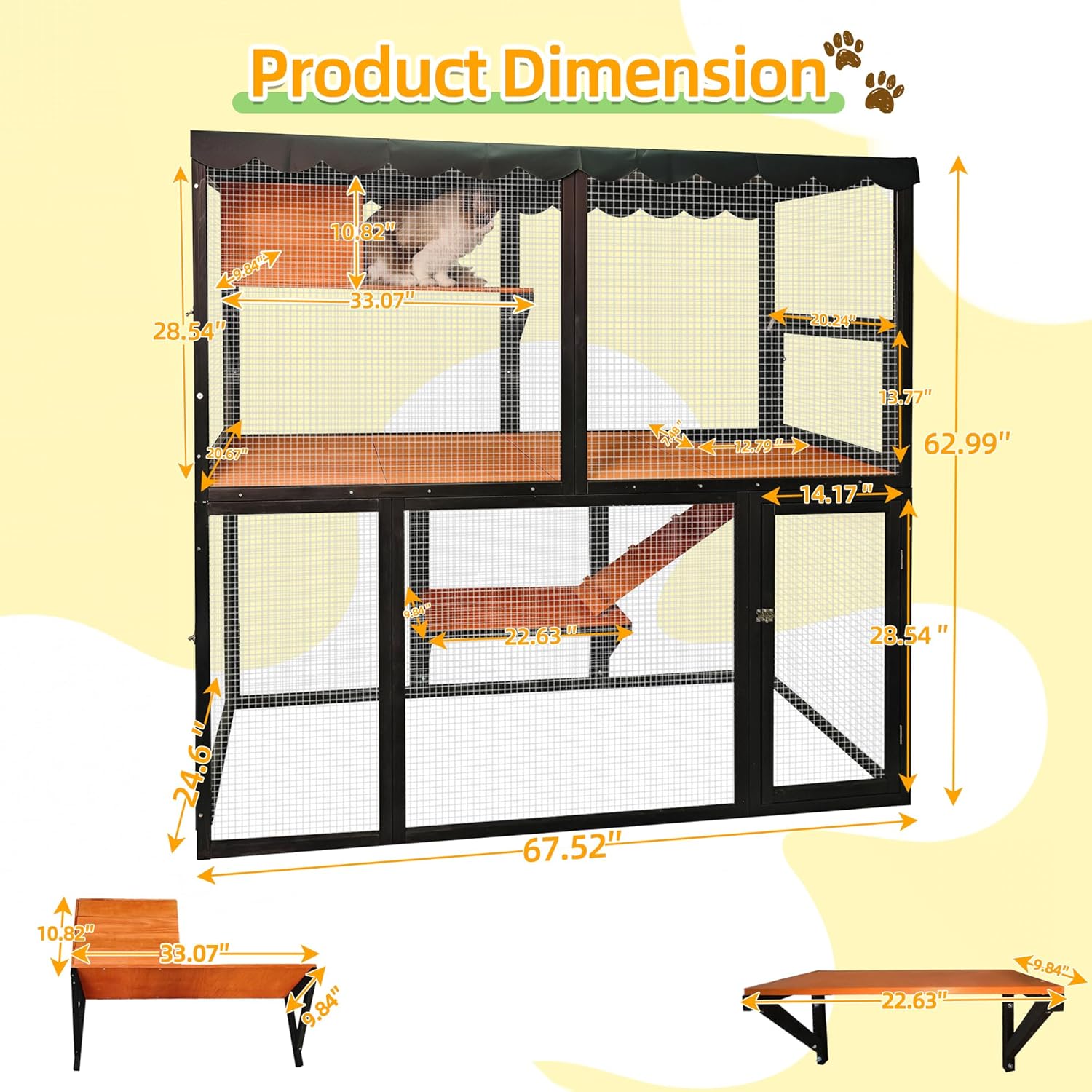 YZU Large Catio Outdoor Cat Enclosure Window 63" H Wooden Cat House for Multiple Cats Walk, Indoor 4 Tier Cat Enclosures House, Outdoor Cat Catio with Waterproof Cover, Ramp