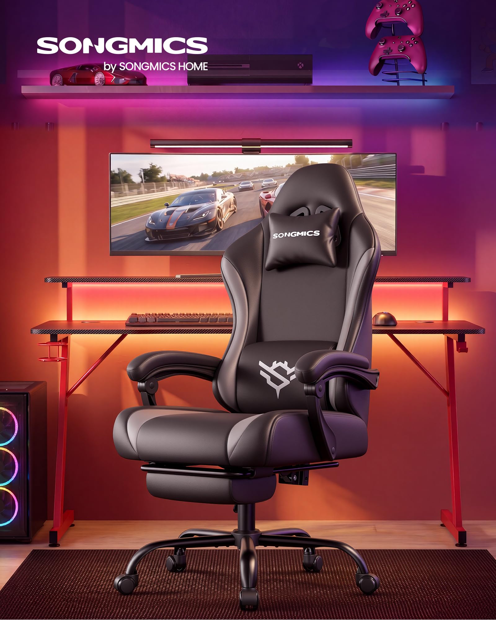SONGMICS Sedia da Gaming, Sedia Ergonomica da Ufficio, Reclinabile a 135°, con Poggiapiedi e Supporto Lombare, 70 x 70 x (120-130) cm, Nero Inchiostro e Grigio Tortora, OBG091BH01