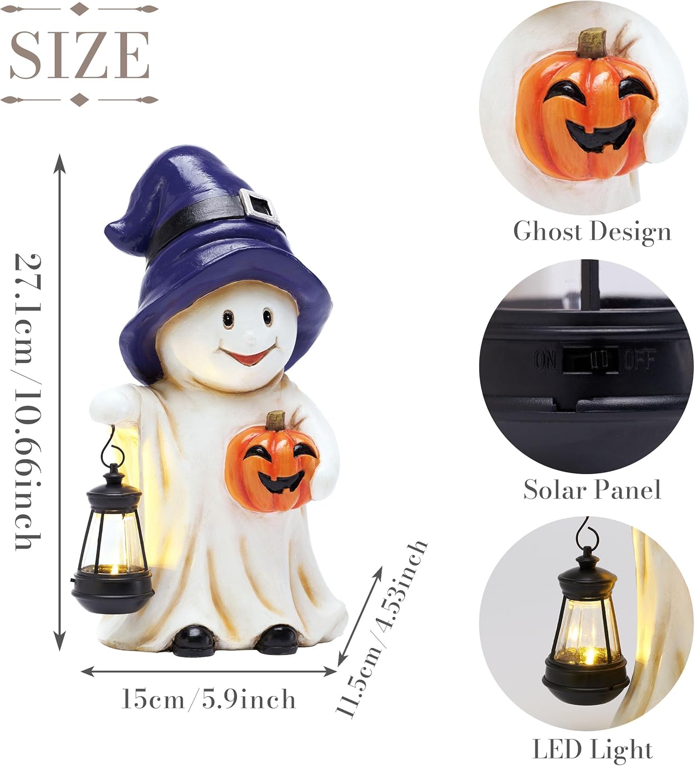 TERESA'S COLLECTIONS Halloween Decorations, Ghost Decor, Large Ghost with Solar Light, 10.6", Waterproof Resin Halloween Decor, Ghost Gifts, Hallowen Gifts, Indoor/Outdoor