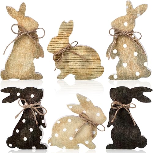 Bememo 6 letreros de madera de conejo de Pascua con cuerdas, decoración de conejo en forma de lunares, conejo rústico, casa de campo, centro de mesa