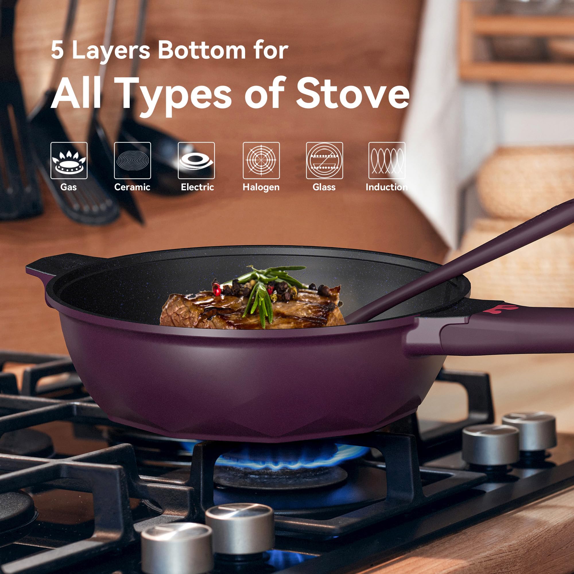 TIBORANG 11" Nonstick Frying Pan with Lid - 8-in-1 Cookware -9