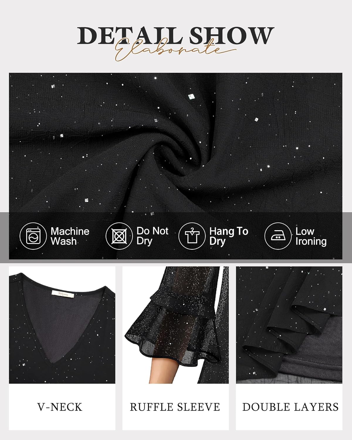 Bebonnie Womens Dressy Casual Tops Ruffle 3/4 Sleeve V Neck Floral Chiffon Blouses - Image 4