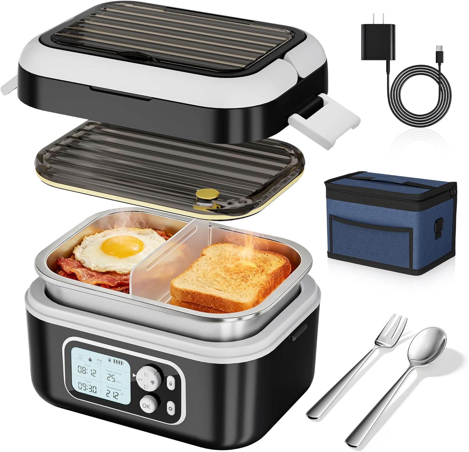 Yofidra Cordless Heated Lunch Box, 24000mAh 100W Electric Lunch Box with Smart Timer, 6.3-Cup Super Large Lunchbox for Men & Women, Portable Food Warmer with Insulated Bag for Outdoor/Office, Black