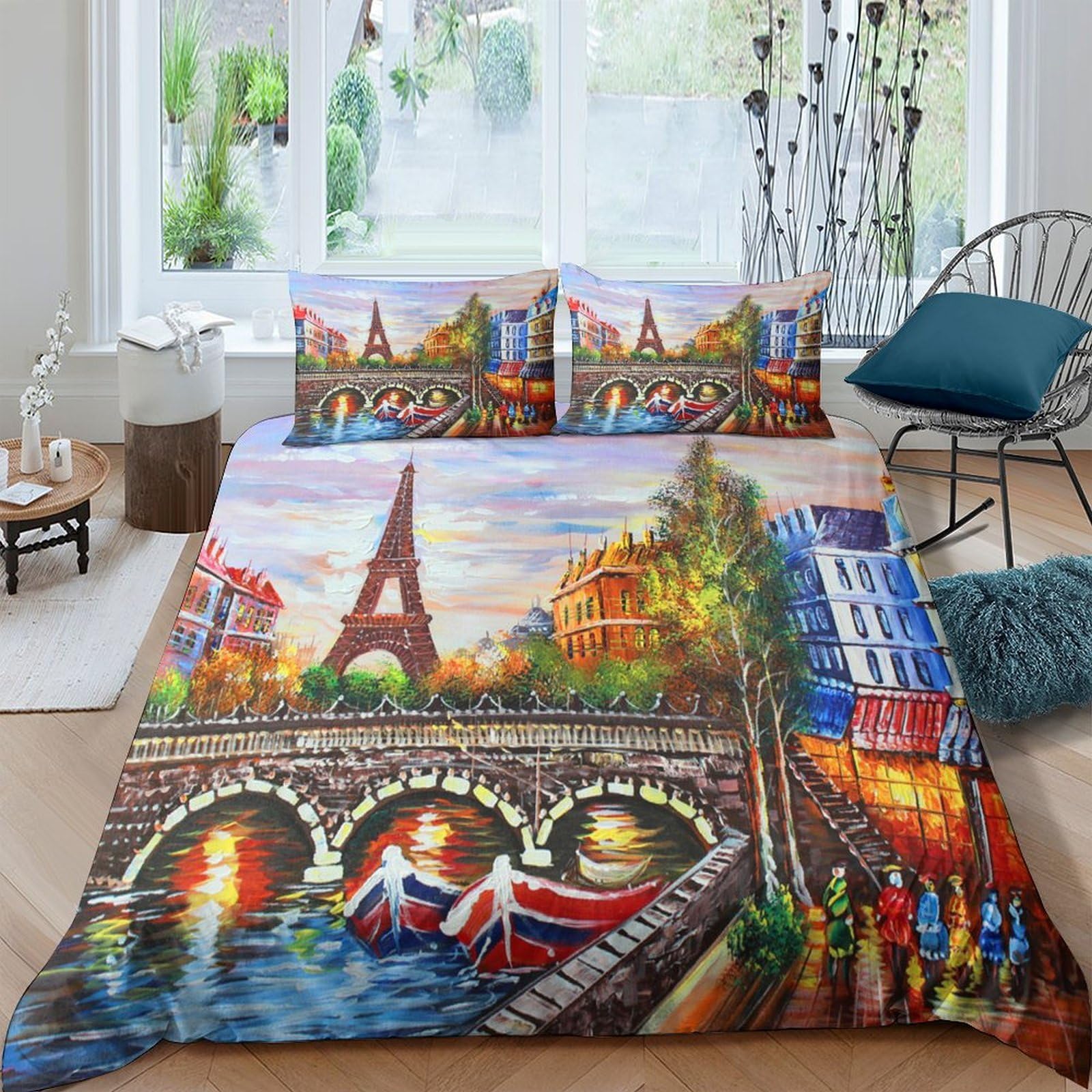 GPLZQXKJNH 3D Printed Paris Cityscape Duvet Cover Microfiber Soft Breathable Eiffel Tower Bedding Set with 2 Pillowcases for Bedroom Decor Single（135x200cm）