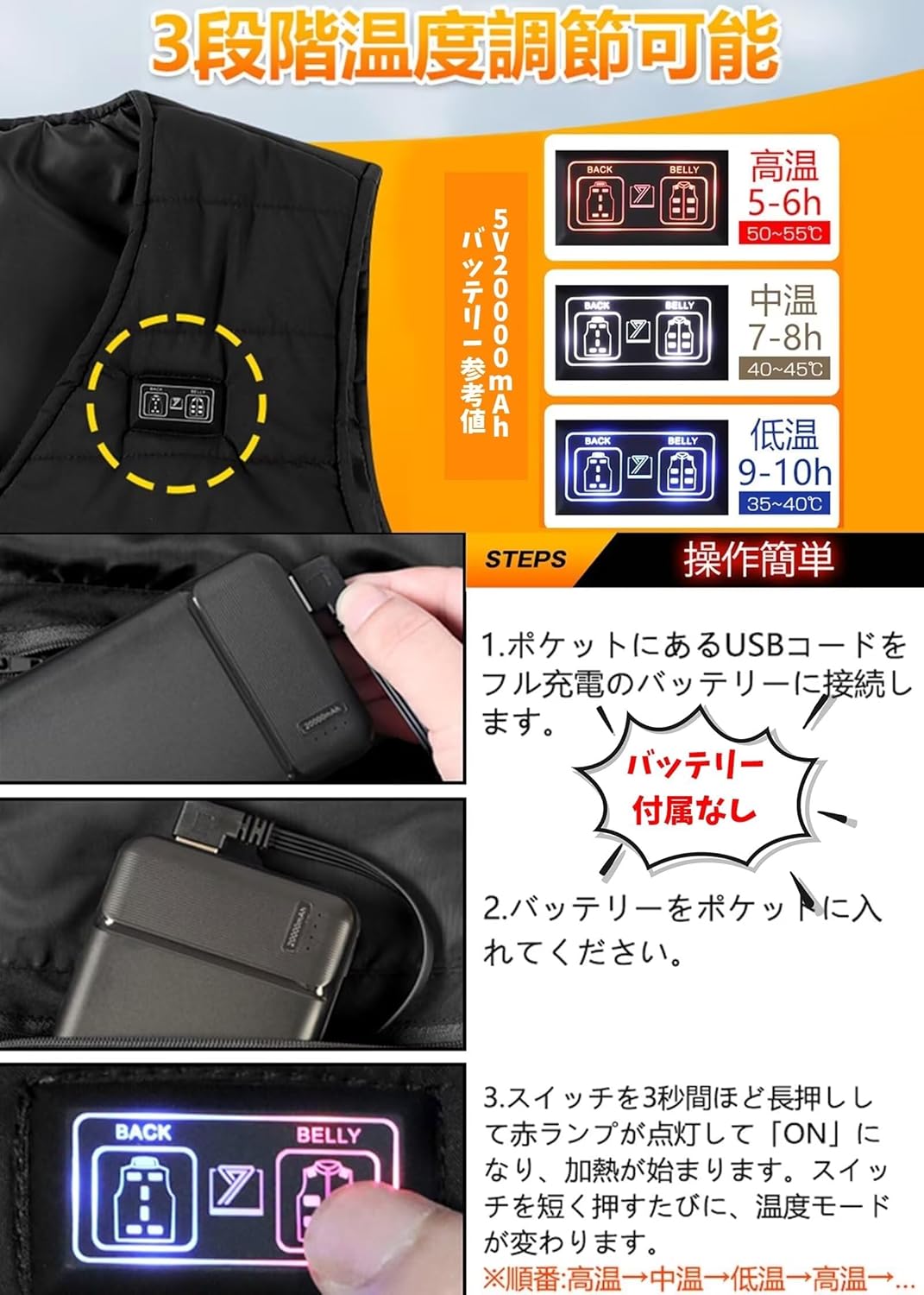 電熱ベスト 加熱ベスト 11箇所発熱 バッテリー付 3段階温度調整 SIZEXL 最強 電熱ベスト 加熱ベスト 洗える 20000mAhモバイル