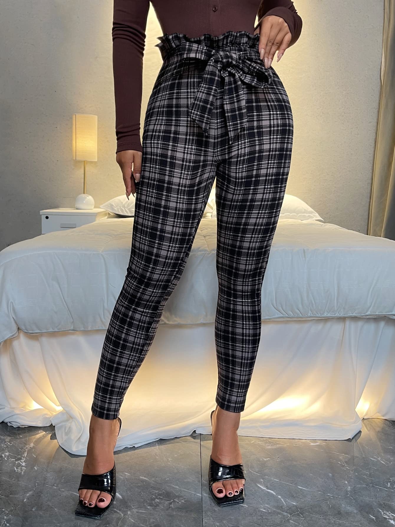 Pants for Women - Plaid Paperbag Waist Belted Skinny Pants Color Multicolor Size Medium