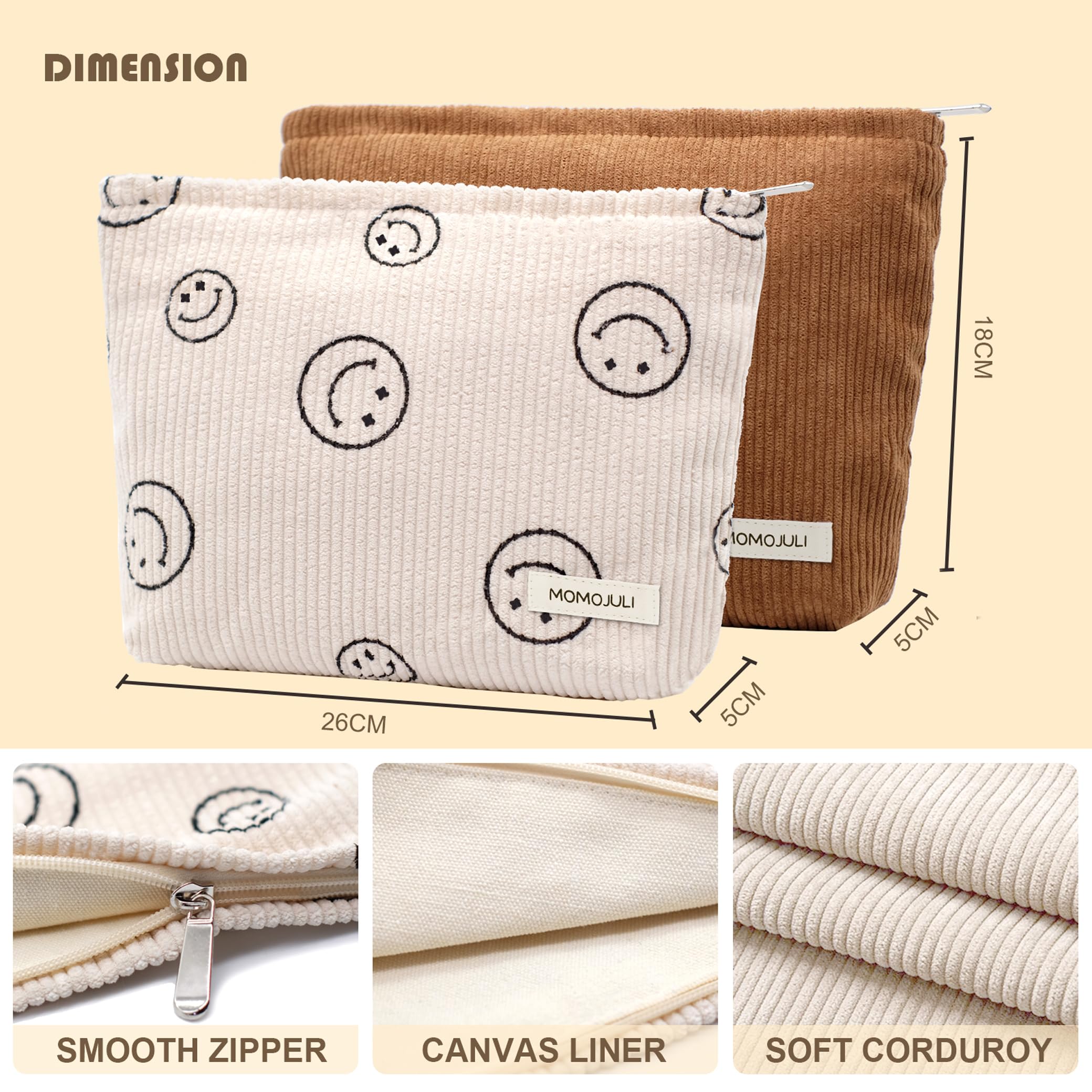 MOMOJULI Corduroy Makeup Bag Cosmestic Bag 2pcs Large Capacity Ladies Women Aesthetic Make Up Organizer Accessories Zipper Pouch Purse 2PCS