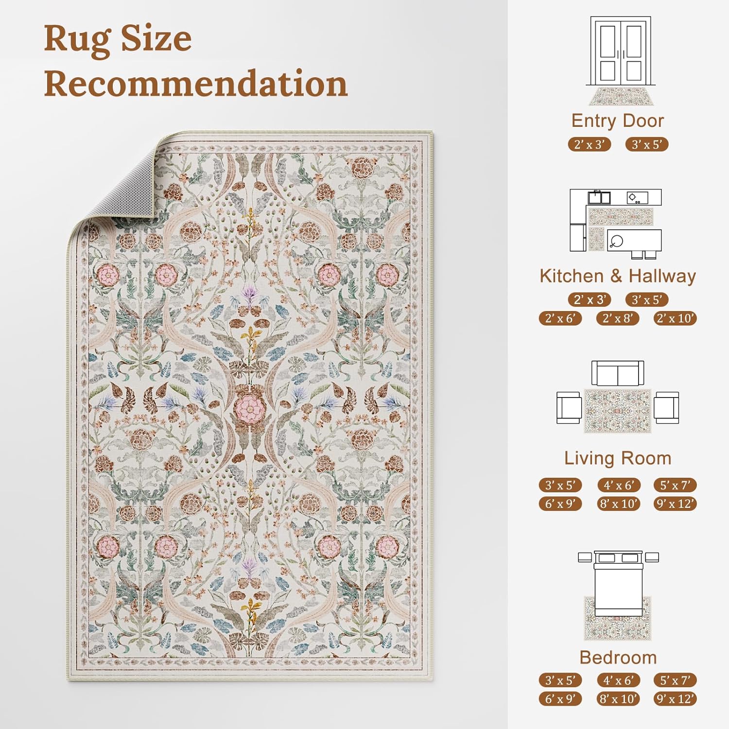AMTOVO 8x10 Washable Area Rugs for Living Room, Non-Slip&Non-Shedding Large Soft Boho Floral Vintage Accent Print Carpet for Bedroom Dorm Dining Room Farmhouse Nursery Playroom Home Office, Beige