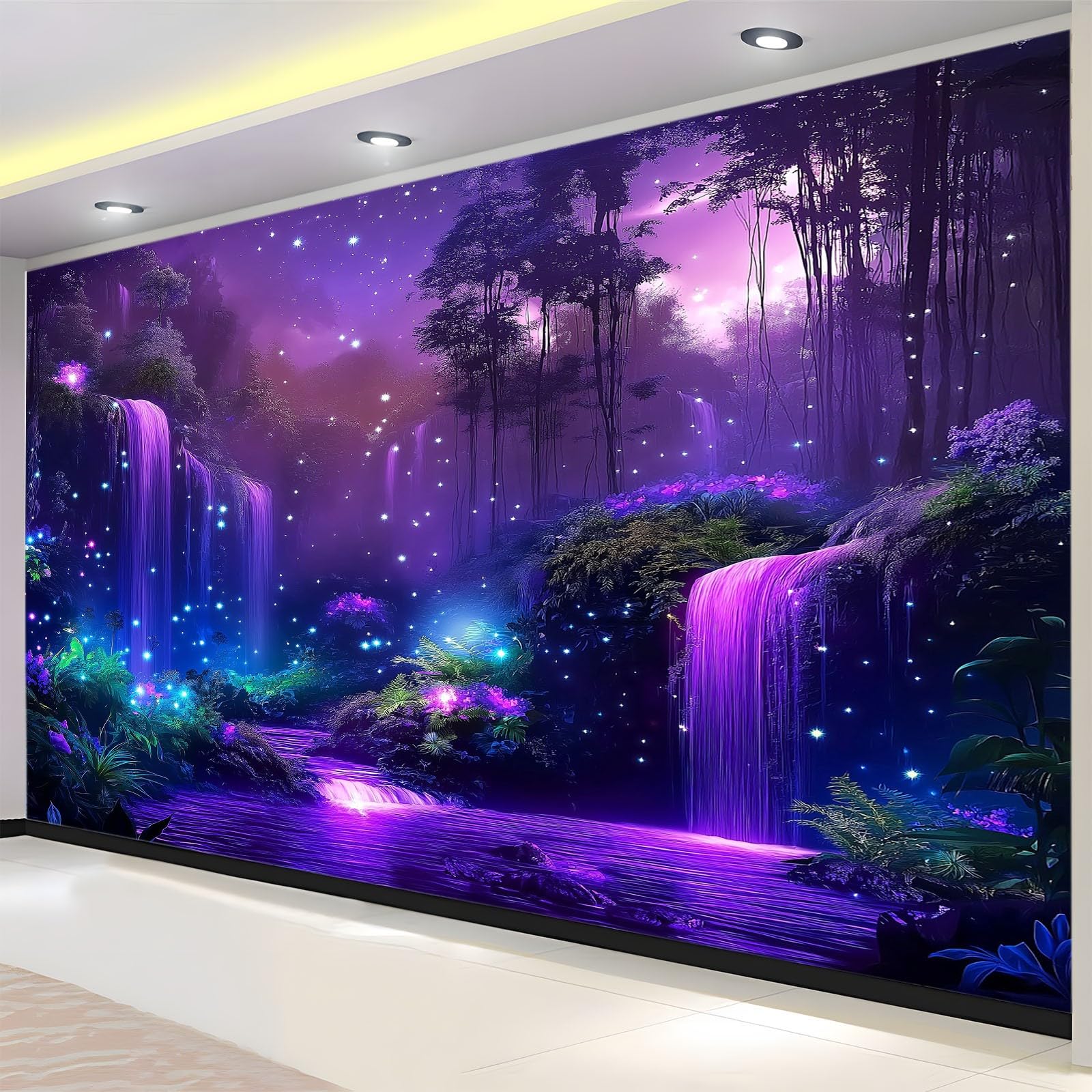Panoramiczna tapeta z włókniny 3D fioletowy fantasy kraina czarów gwiaździsta noc las 200 x 140 cm, spersonalizowany plakat ścienny, samoprzylepne naklejki do salonu, sypialni, restauracji