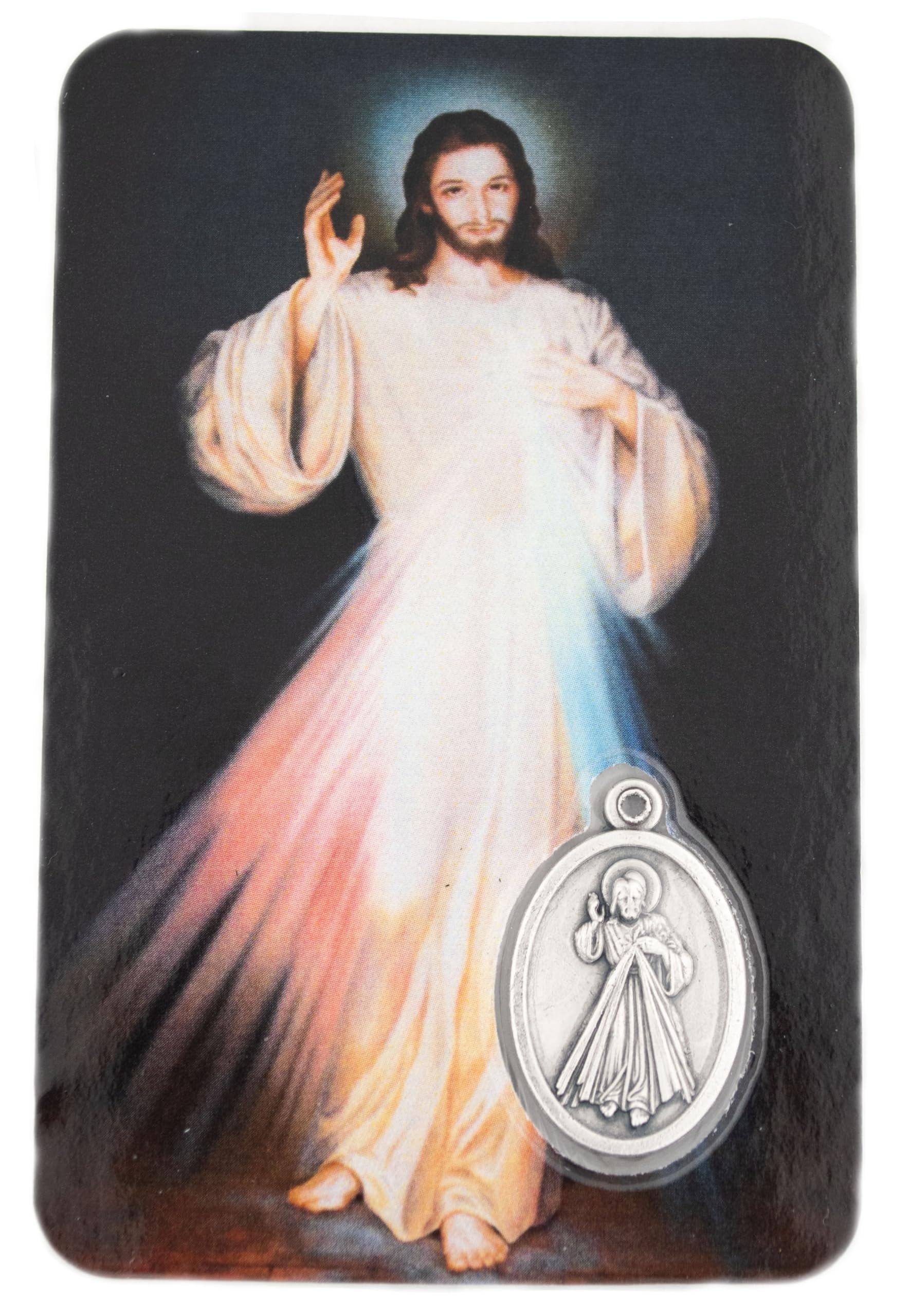 Holy Prayer Card with Built-In Medal Pendant | Great Variety | Great Christian Gift for First Communion and Confirmation (Divine Mercy and Saint Faustina Prayer Card with Medal)