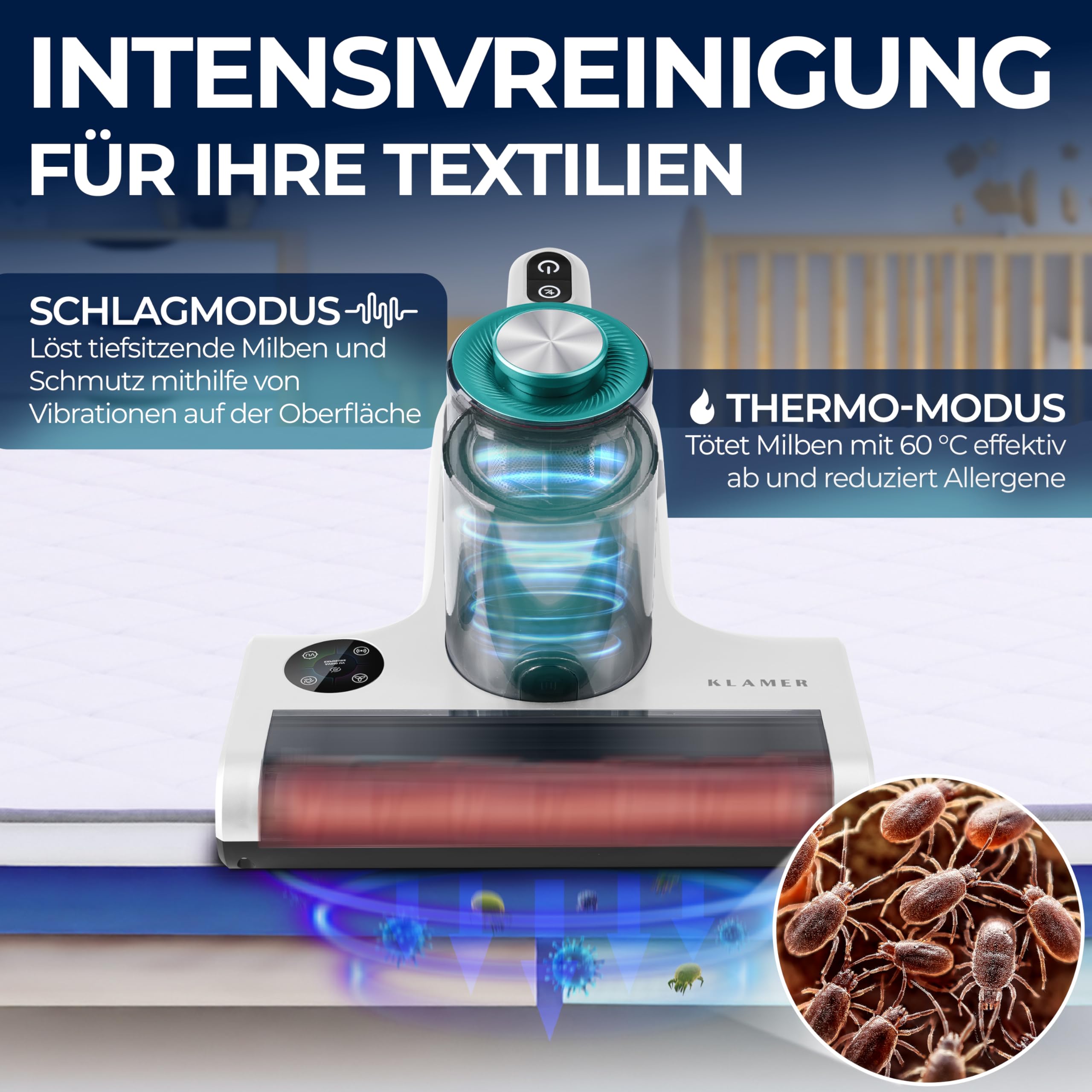 KLAMER Milbensauger 18kPa – Matratzensauger mit UV-Licht & 60°C Tiefenreinigung, Ultraschall & Schlagmodi, Anti-Verwicklungs-Bürste für Tierhaare, HEPA-Filter gegen Milben & Allergene