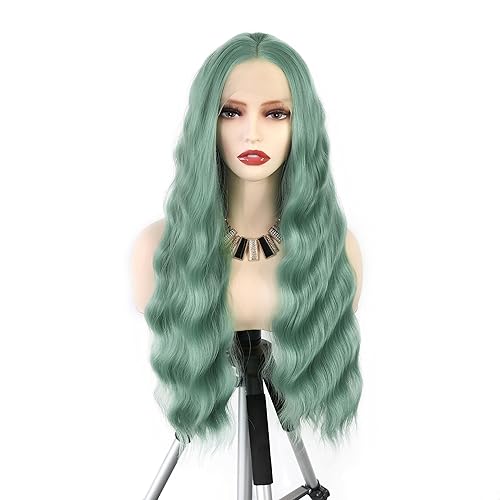 Miniatura 2 de WXHWCX Pelucas de encaje frontal sintético verde menta, parte media, onda suelta, resistente al calor, línea capilar natural, pelo de fibra sin