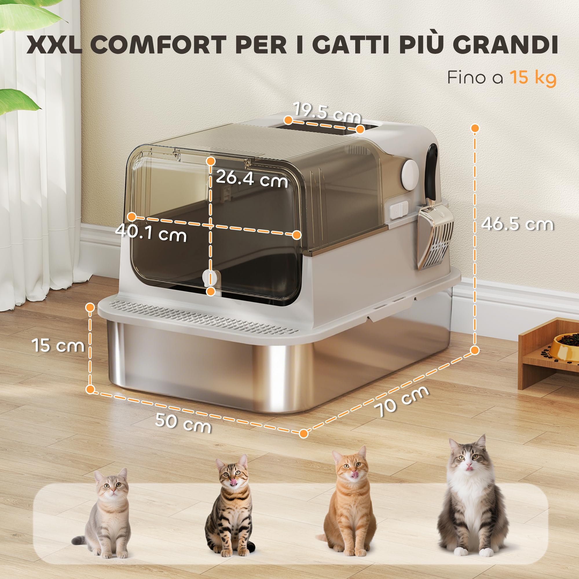 PawHut Lettiera per Gatti XXL con Coperchio in Acciaio Inox, Lettiera Chiusa con Coperchio Apribile a 90°, Doppie Porte, Paletta e Deodorante, Capacità 20 kg, 70x50x46.5 cm, Grigio