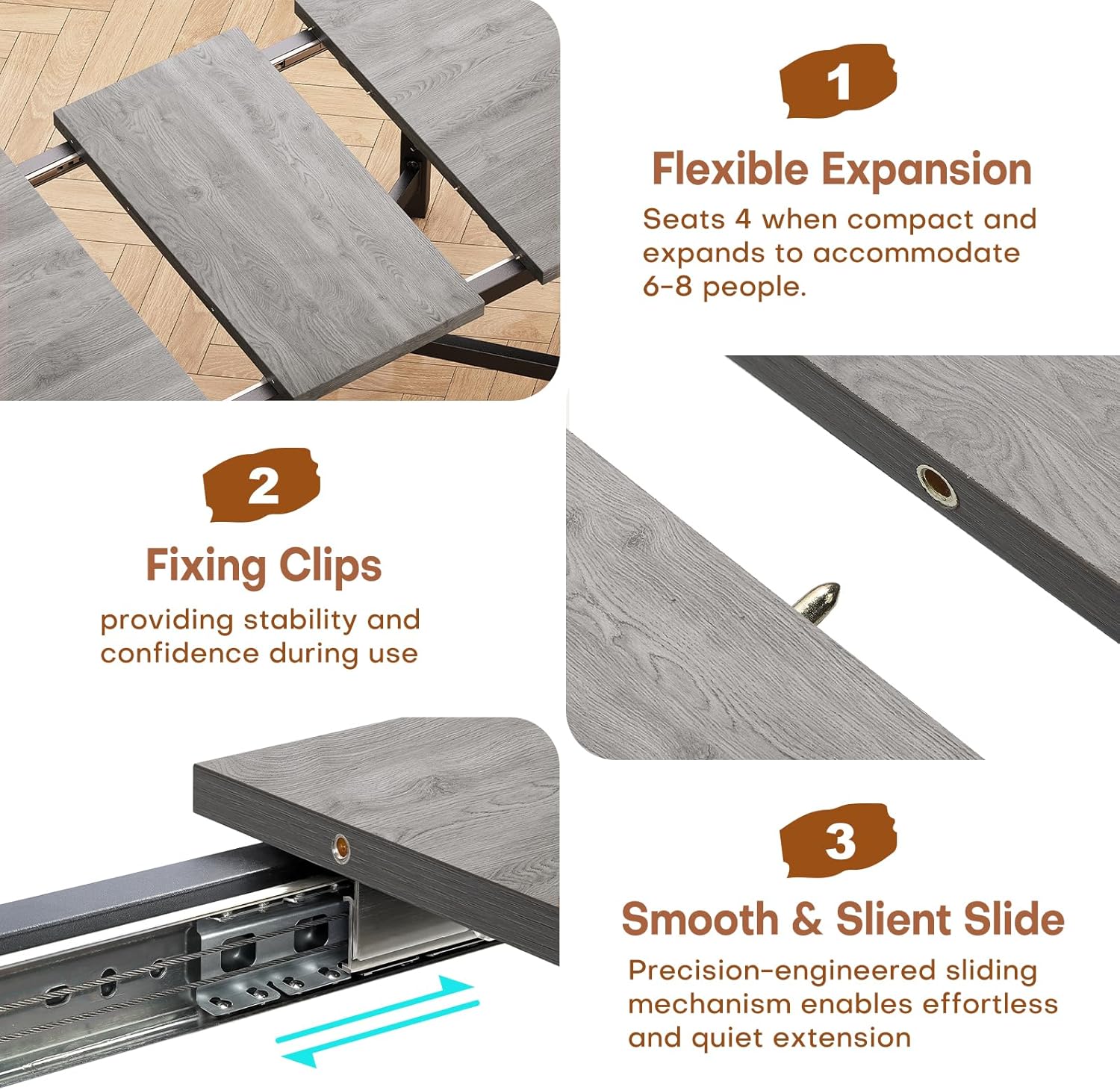 వివరంగా view of the table's flexible expansion, fixing clips, and smooth sliding mechanism.