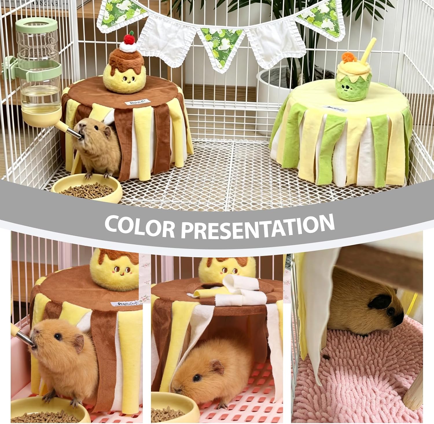 Guinea Pig Hide with Curtain Bottomless Guinea Pig Accessories | Removable Guinea Pig Hideout Washable Guinea pig toys Stable Wooden Frame Bottomless Small Animal Tunnel Hide for hamster