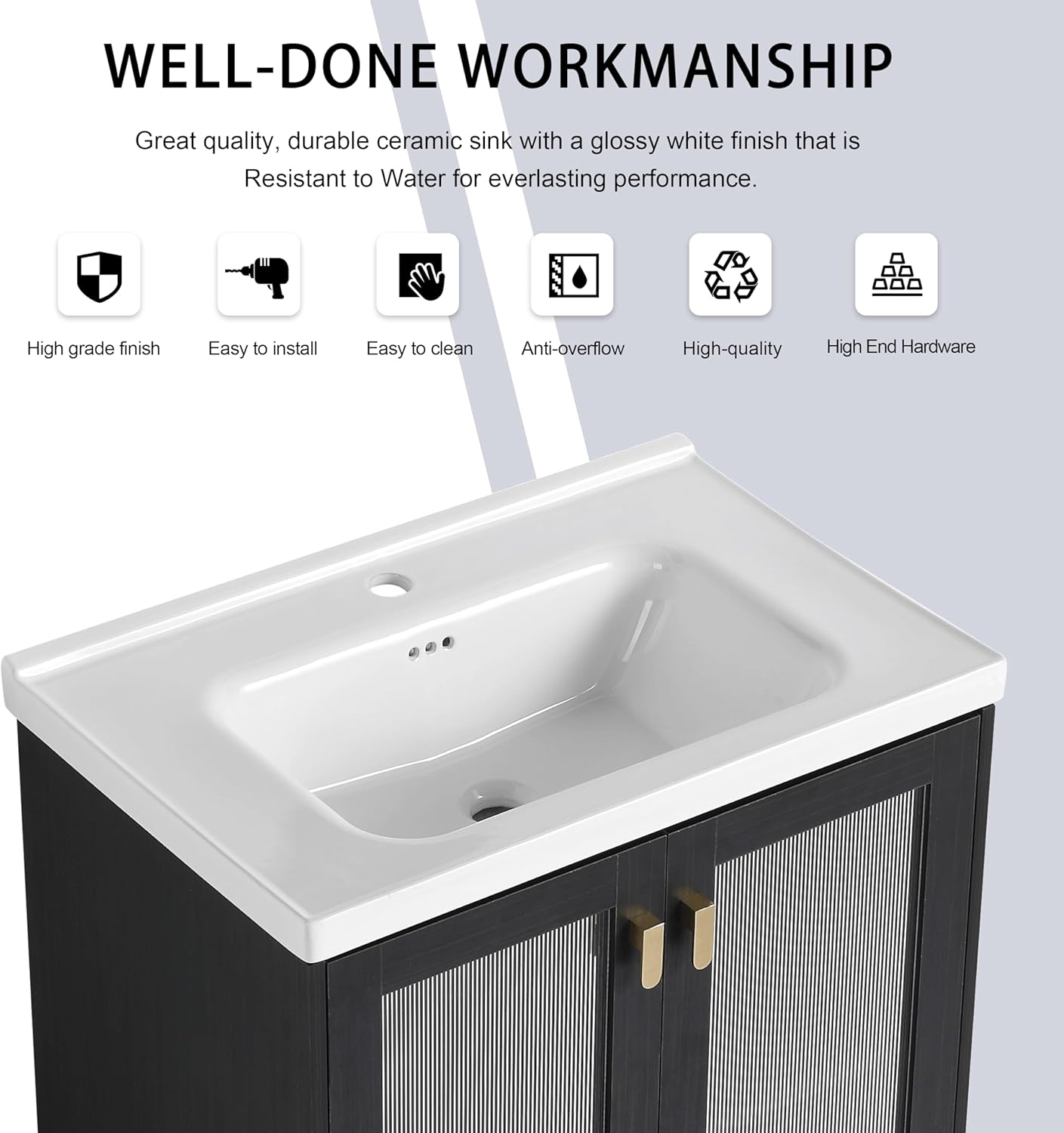 28" Bathroom Vanity with Sink, 28 Inch Freestanding Bathroom Vanity, Modern Bathroom Vanity with Adjustable Shelf and Acrylic Board, Floor Stand Cabinet Set with 2 Doors and White Ceramic Sink