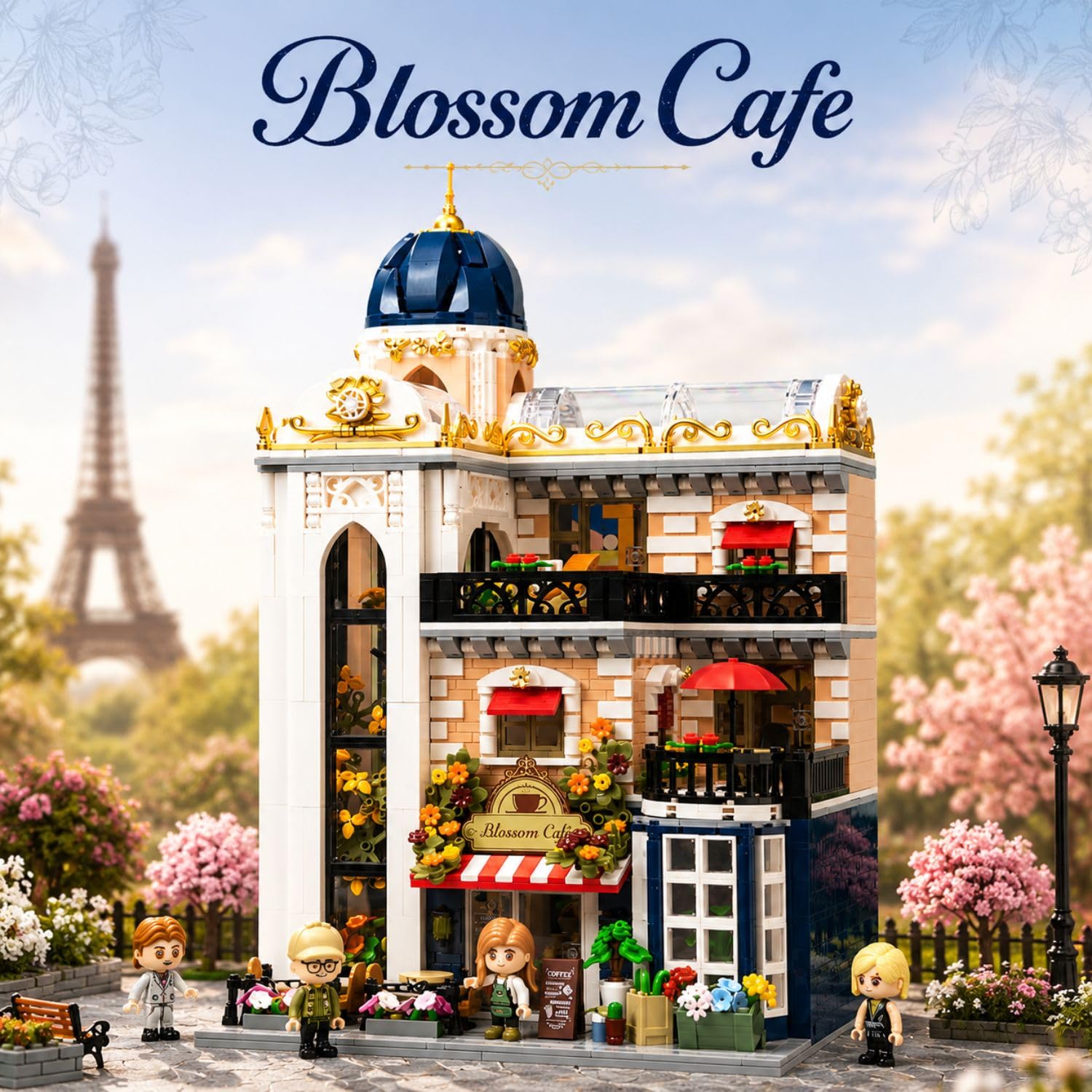 PANTASY Blossom Café Modular Building Set, 3-piętrowa europejska oranżeria z kawiarnią, galerią sztuki i kwiatowym atrium, kolekcjonerski zestaw architektoniczny dla dorosłych kreatywne klocki