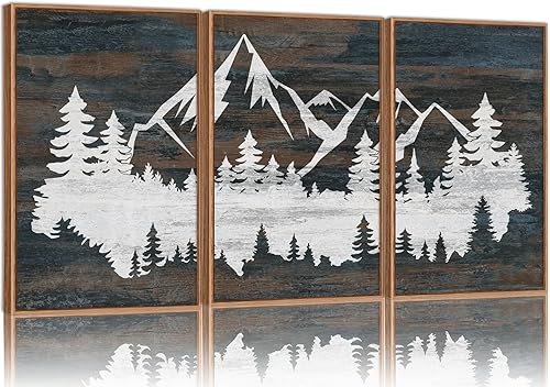 Rantodecor Lienzo enmarcado de montaña vintage, tríptico, decoración de pared de paisaje natural nevado, pinturas artísticas rústicas de bosque