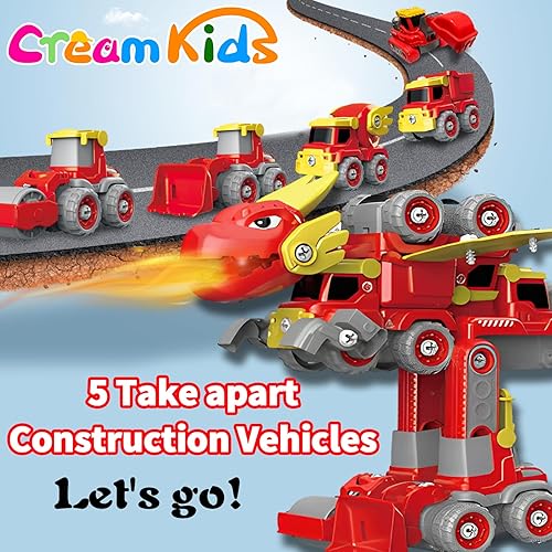 Miniatura 4 de CREAMKIDS - Juego de auto de ingeniería desarmable, 5 en 1, vehículos de construcción, se transforma en robot de pterosaurio, juguete de