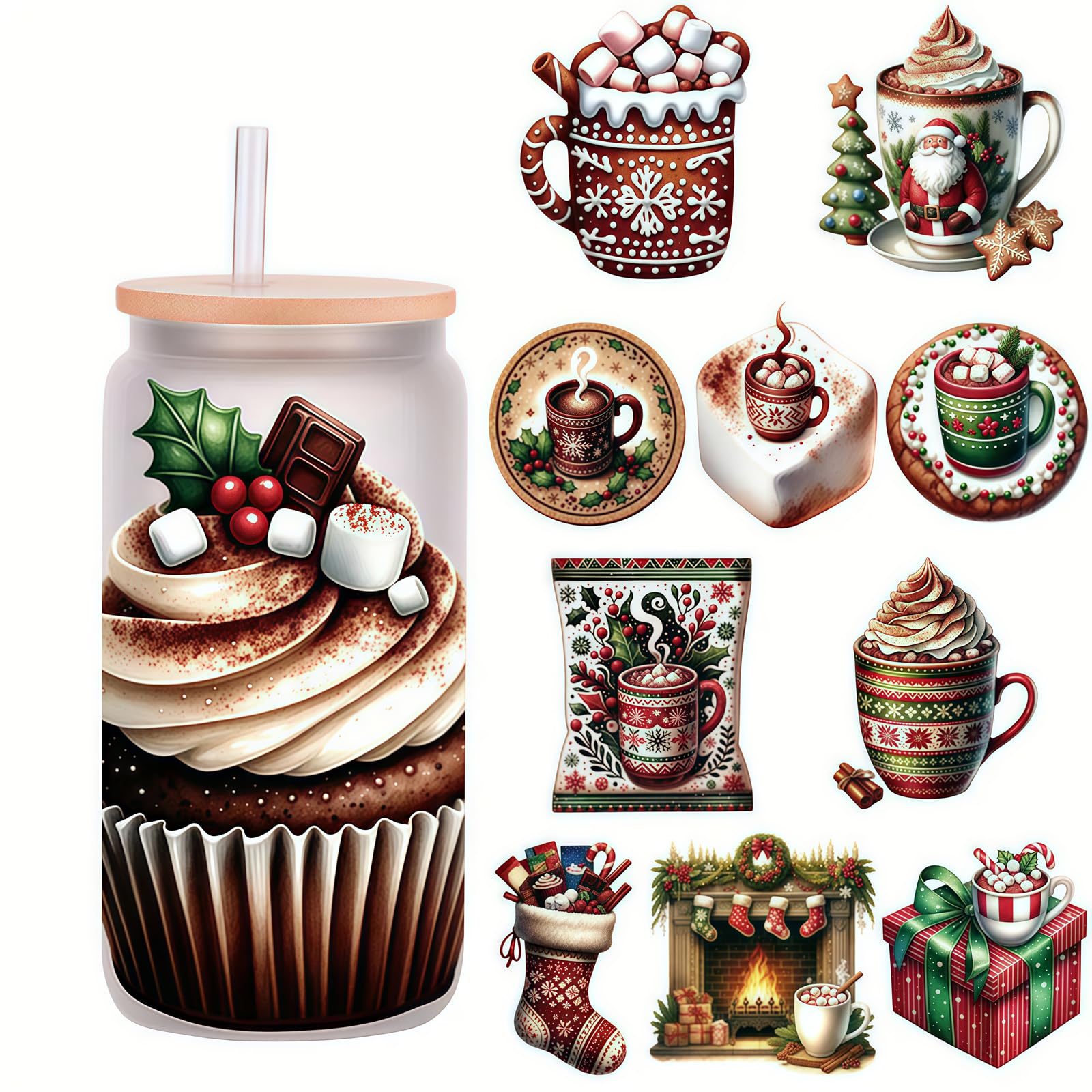 5pcs Vintage Christmas Hot Cocoa & Coffee Cup UV DTF Cup Wraps Winter UV DTF Transfer Sticker for Glass Cups Furniture Craft DIY Crafts，Rub on